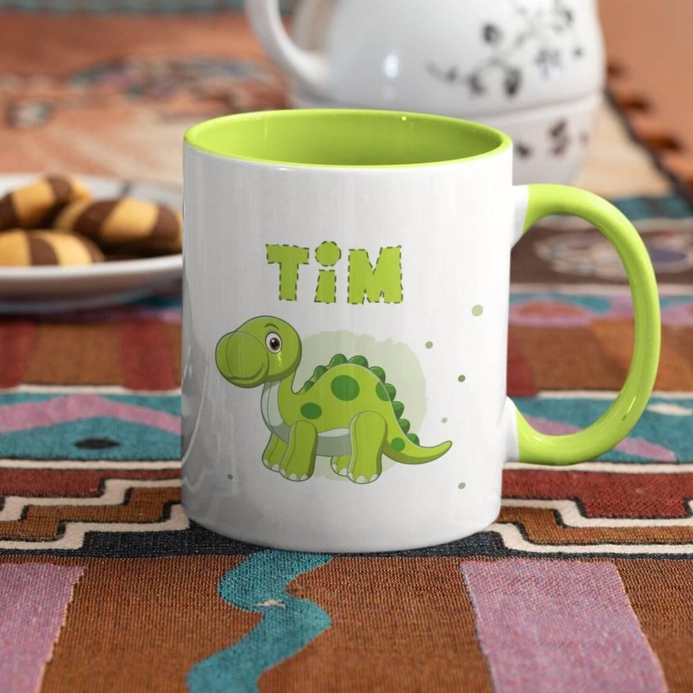 Personalisierte Tasse mit Wunschnamen und Dinosaurier (Brachiosaurus) Motiv - Geschenk Geburtstag - Geschenkidee für Kinder - verschenkich.de