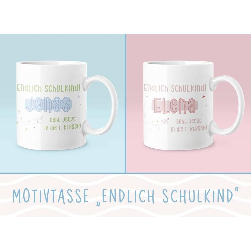 Personalisierte Endlich Schulkind Tasse zur Einschulung mit Wunschname Motiv: Endlich Schulkind - verschenkich.de