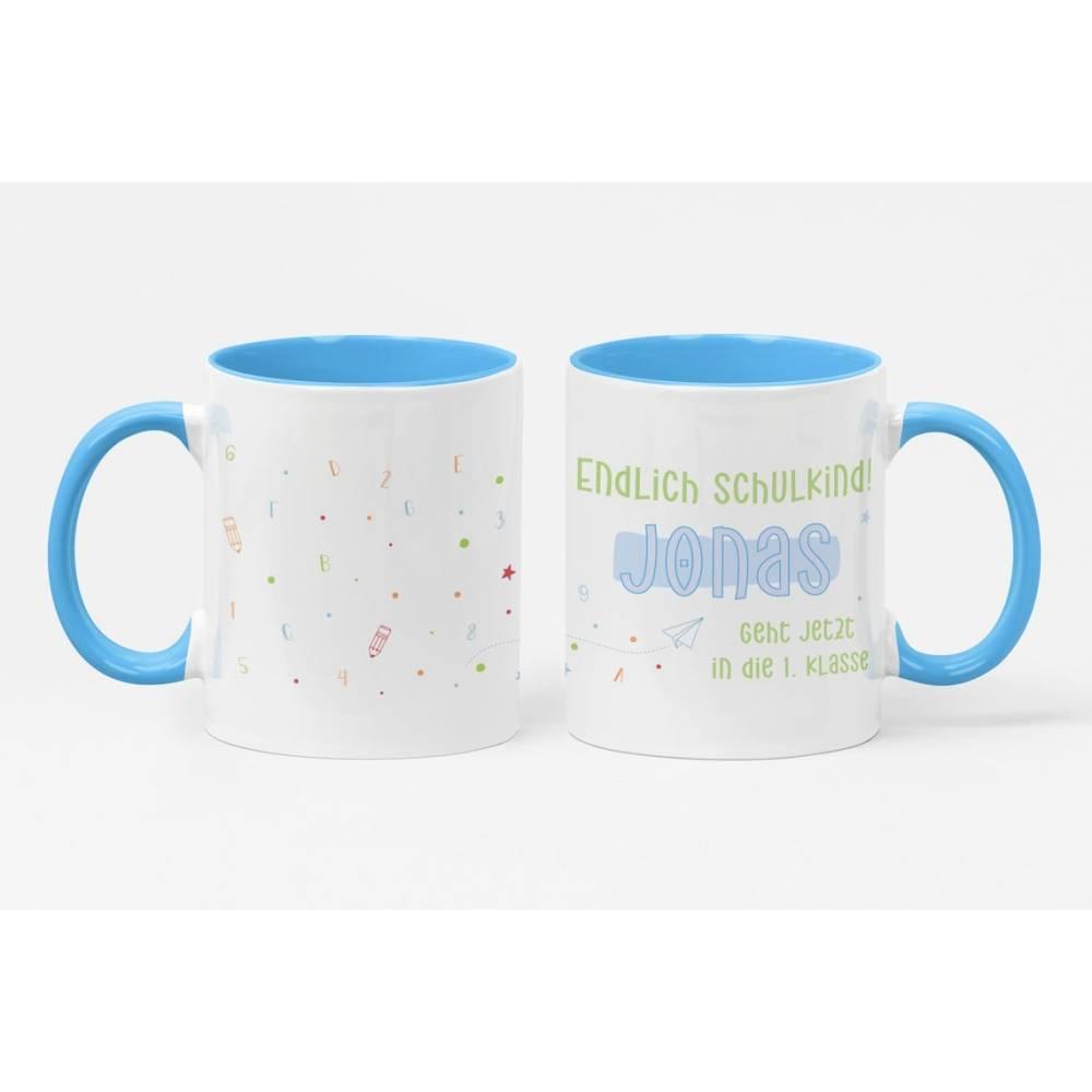 Endlich Schulkind | Tasse zur Einschulung mit Wunschname personalisiert | rosa oder blau - verschenkich.de