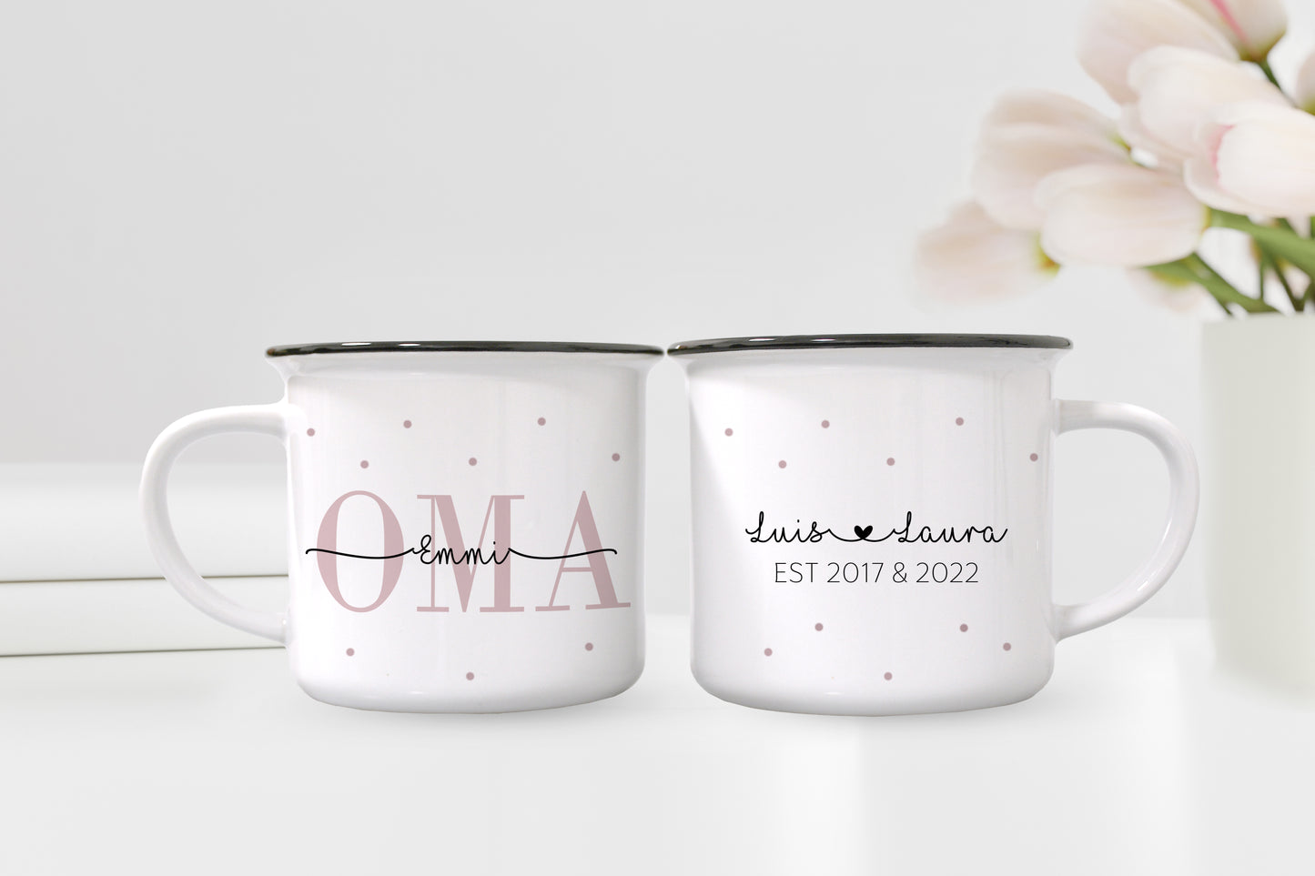 Personalisierte Tassen im Set | Emaille-Look | Kaffeetasse für Oma + Opa | mit Enkelkind Namen | Keramik | Geschenkidee goldene Hochzeit - verschenkich.de