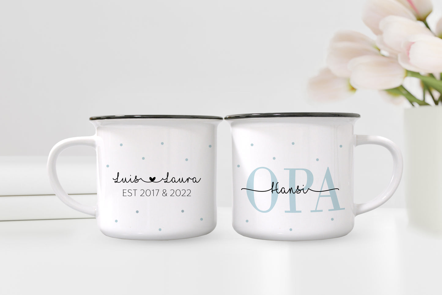 Personalisierte Tassen im Set | Emaille-Look | Kaffeetasse für Oma + Opa | mit Enkelkind Namen | Keramik | Geschenkidee goldene Hochzeit - verschenkich.de
