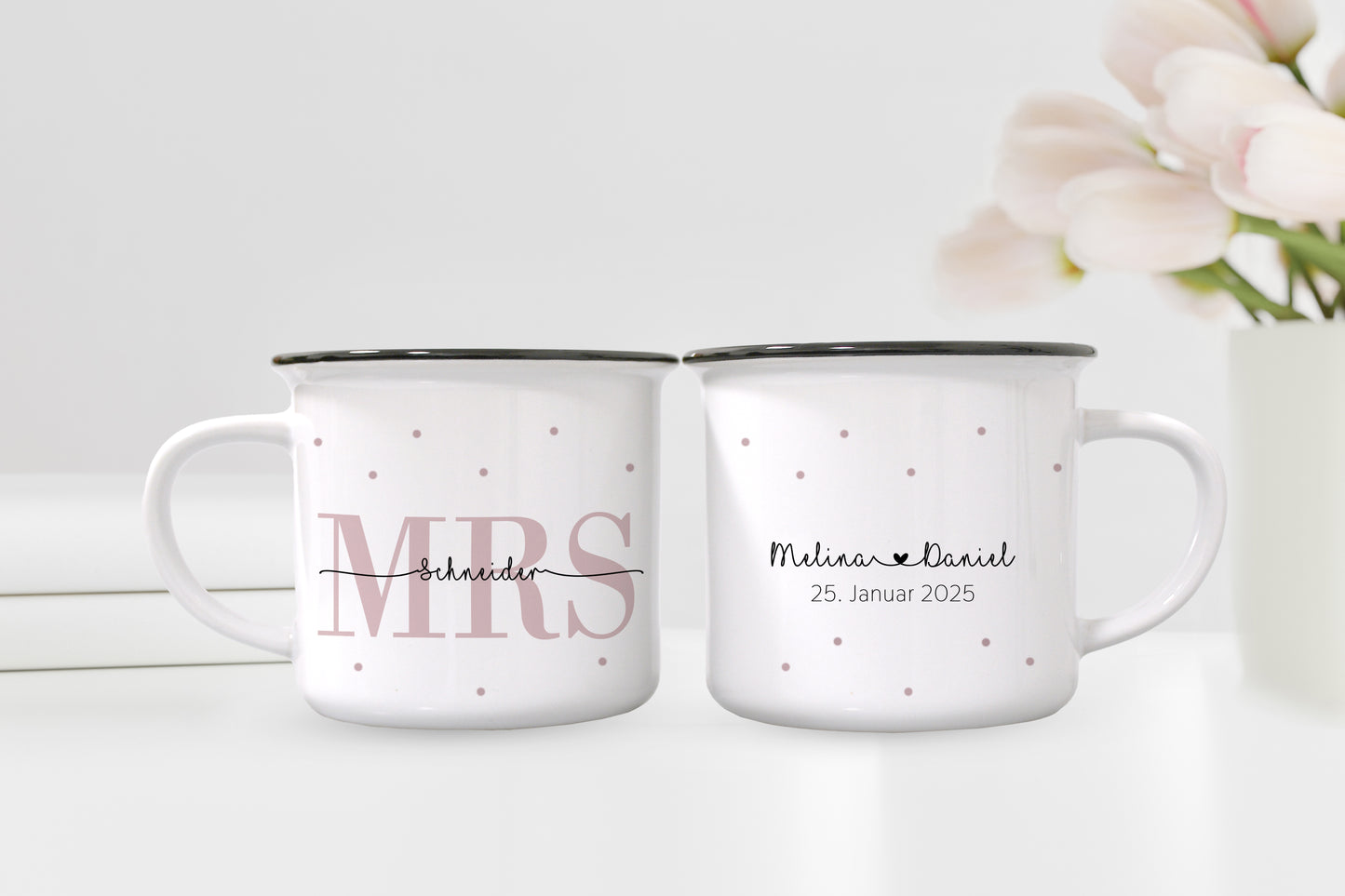 Personalisierte Tassen im Set | Emaille-Look | Mrs + Mr | mit Wunschnamen | Datum | Keramik | Geschenk zur Hochzeit, Jahrestag der Eheleute - verschenkich.de