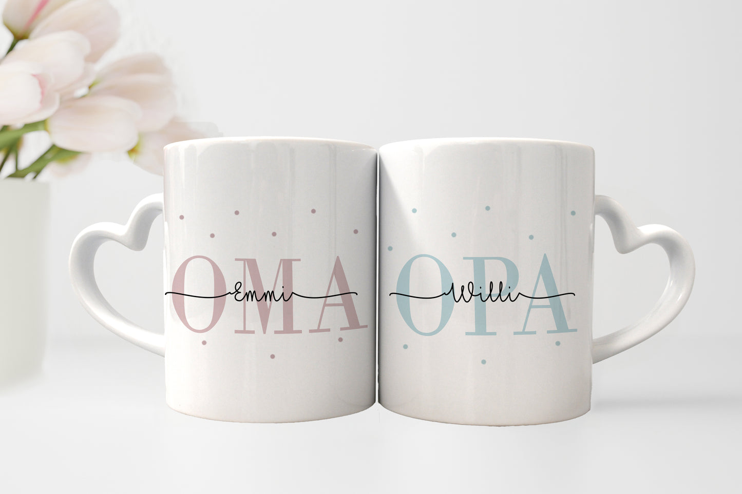 Personalisierte Tassen im Set | Herzhenkel | Kaffeetasse für Oma + Opa | mit Enkelkind Namen | Keramik | Geschenkidee zur goldenen Hochzeit - verschenkich.de