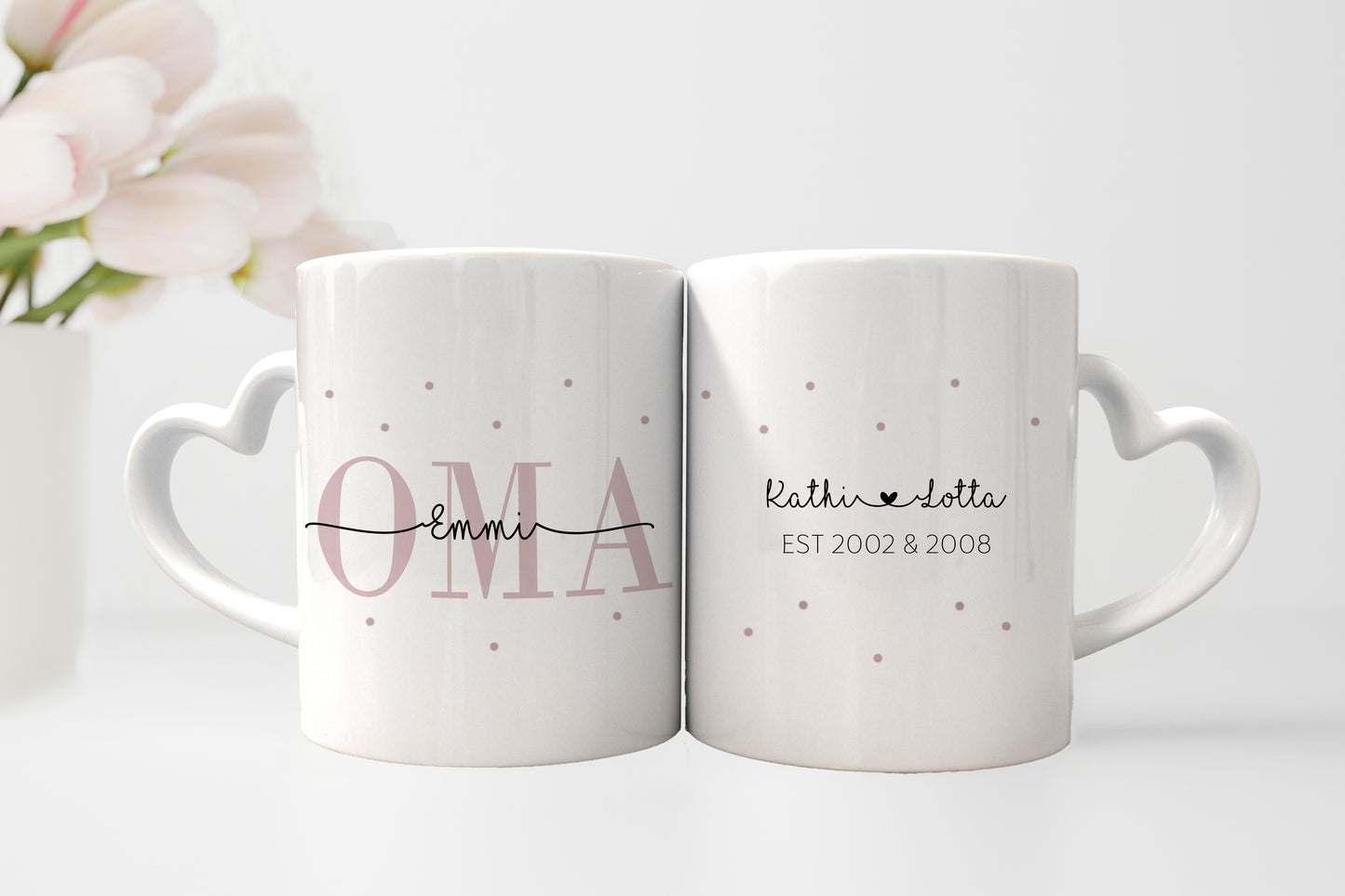 Personalisierte Tassen im Set | Herzhenkel | Kaffeetasse für Oma + Opa | mit Enkelkind Namen | Keramik | Geschenkidee zur goldenen Hochzeit - verschenkich.de