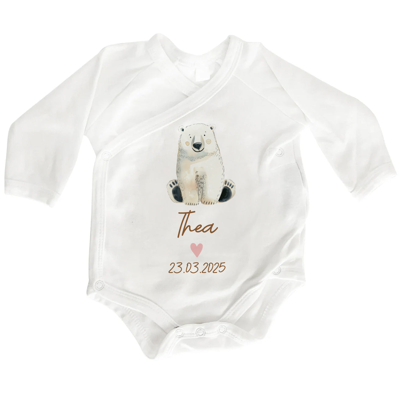 Personalisierter Baby Wickelbody aus Bio-Baumwolle | Eisbär | Name + Datum | Herz in Rosa oder Blau | Langarm Babybody | Geschenk Geburt - verschenkich.de