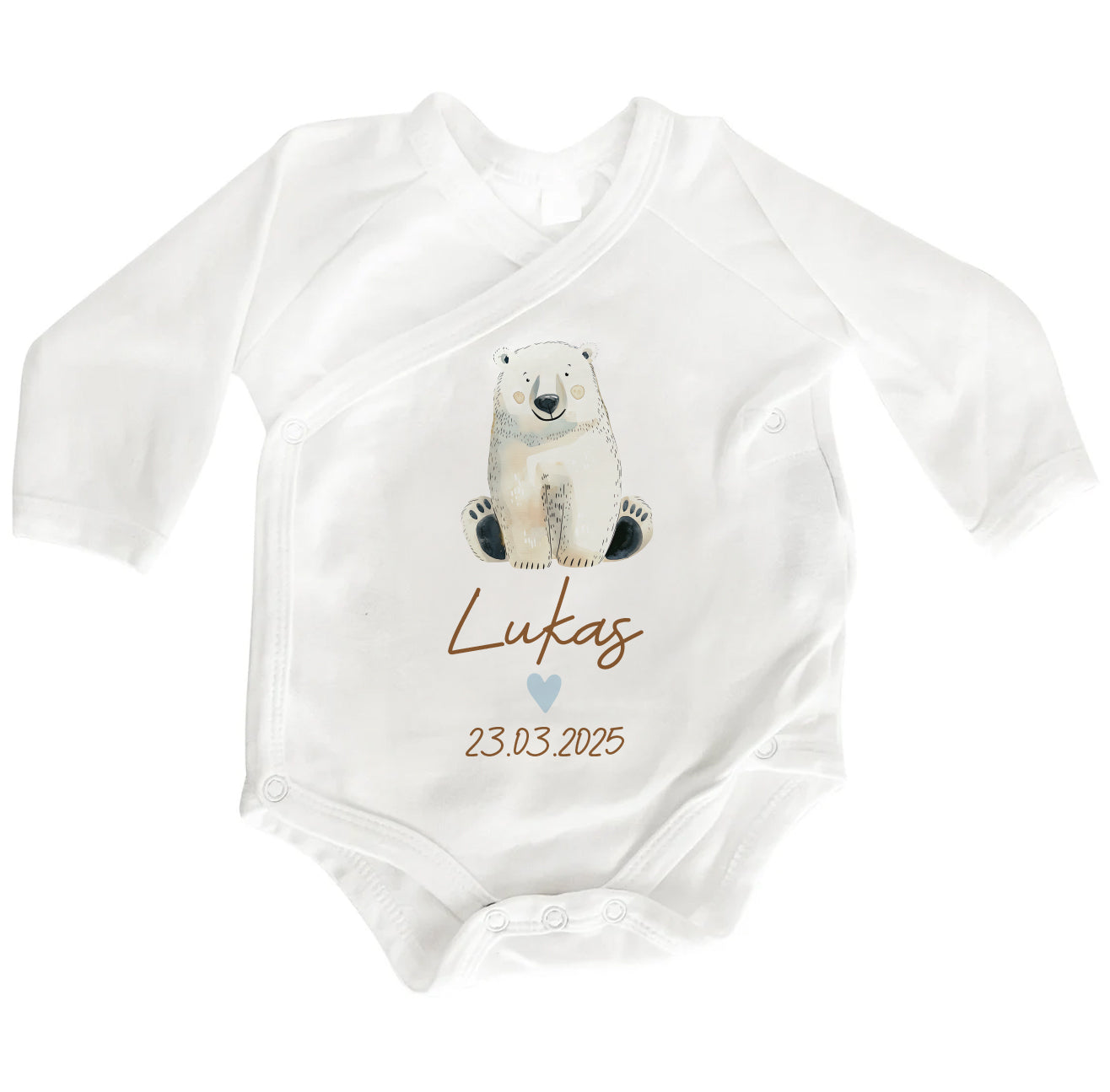 Personalisierter Baby Wickelbody aus Bio-Baumwolle | Eisbär | Name + Datum | Herz in Rosa oder Blau | Langarm Babybody | Geschenk Geburt - verschenkich.de