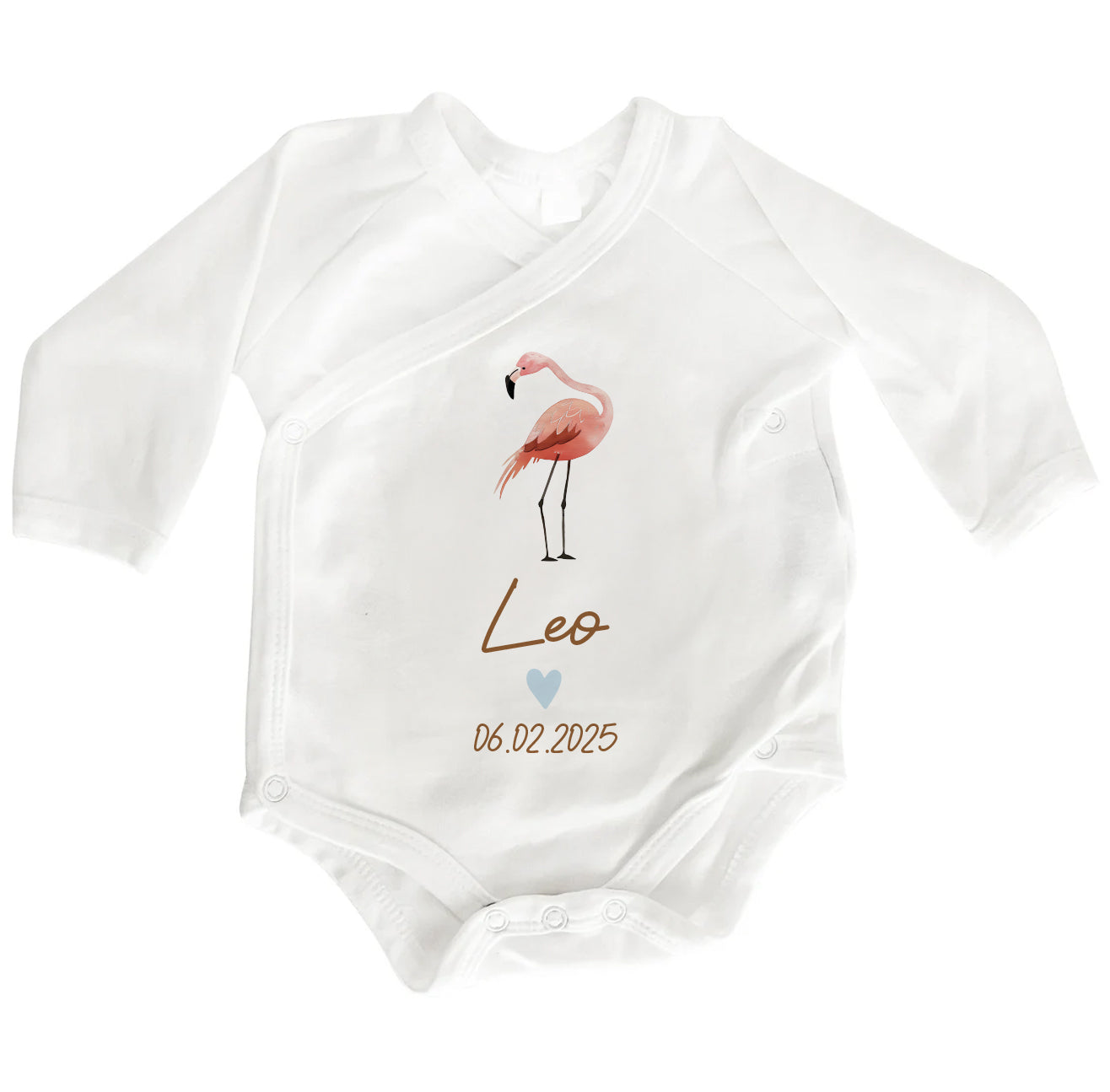 Personalisierter Baby Wickelbody aus Bio-Baumwolle | Flamingo | Name + Datum | Herz in Rosa oder Blau | Langarm Babybody | Geschenk Geburt - verschenkich.de
