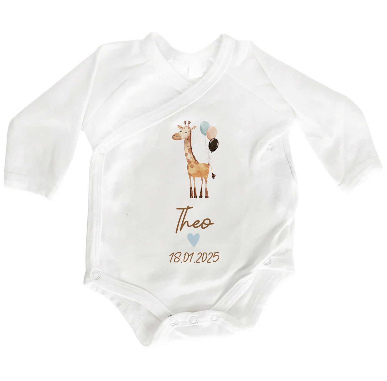 Personalisierter Baby Wickelbody aus Bio-Baumwolle | Giraffe | Name + Datum | Herz in Rosa oder Blau | Langarm Babybody | Geschenk Geburt - verschenkich.de