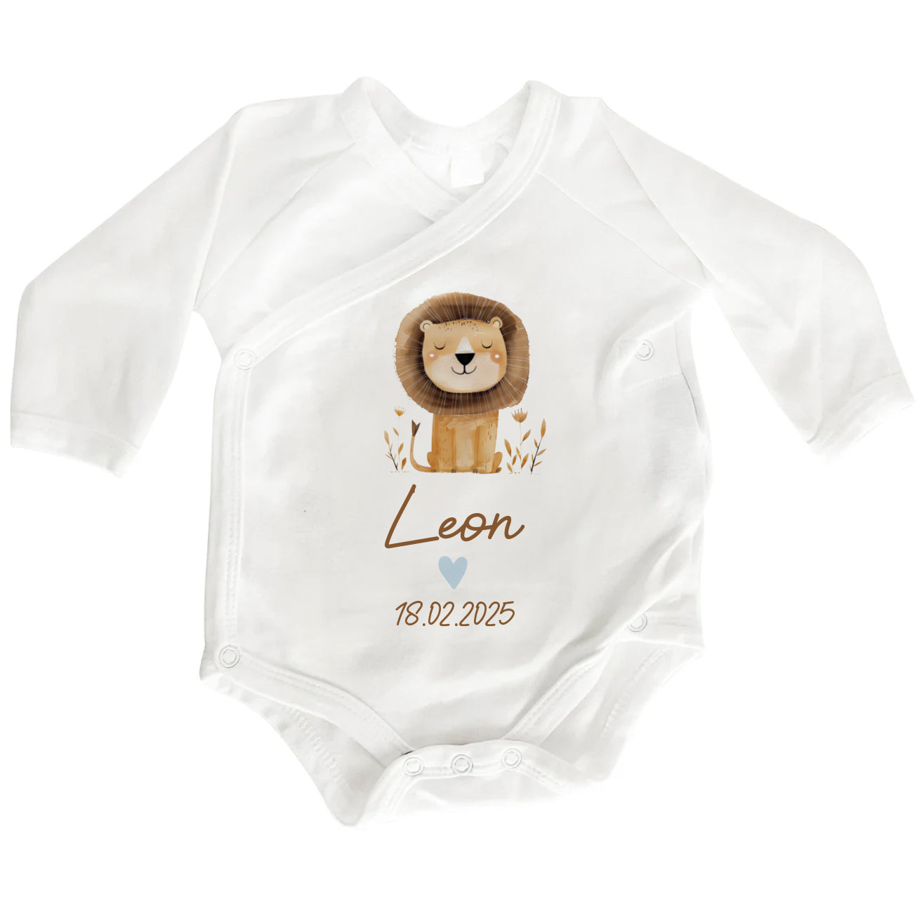 Personalisierter Baby Wickelbody aus Bio-Baumwolle | Löwe | Name + Datum | Herz in Rosa oder Blau | Langarm Babybody | Geschenk Geburt - verschenkich.de