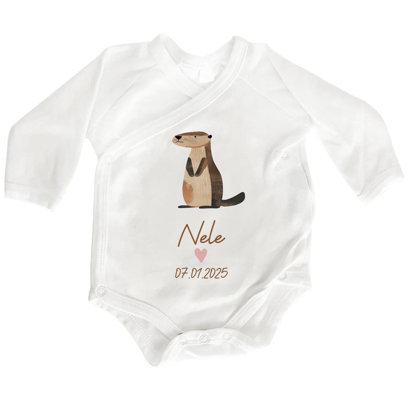 Personalisierter Baby Wickelbody aus Bio-Baumwolle | Otter | Name + Datum | Herz in Rosa oder Blau | Langarm Babybody | Geschenk Geburt - verschenkich.de