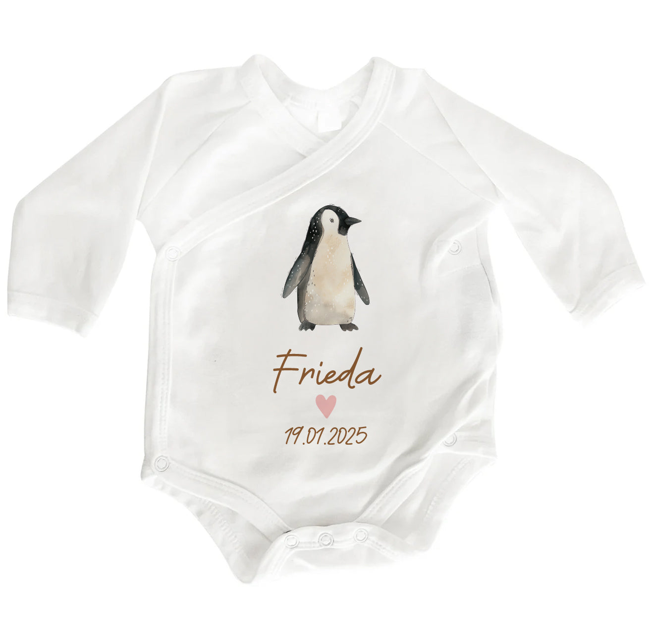 Personalisierter Baby Wickelbody aus Bio-Baumwolle | Pinguin | Name + Datum | Herz in Rosa oder Blau | Langarm Babybody | Geschenk Geburt - verschenkich.de