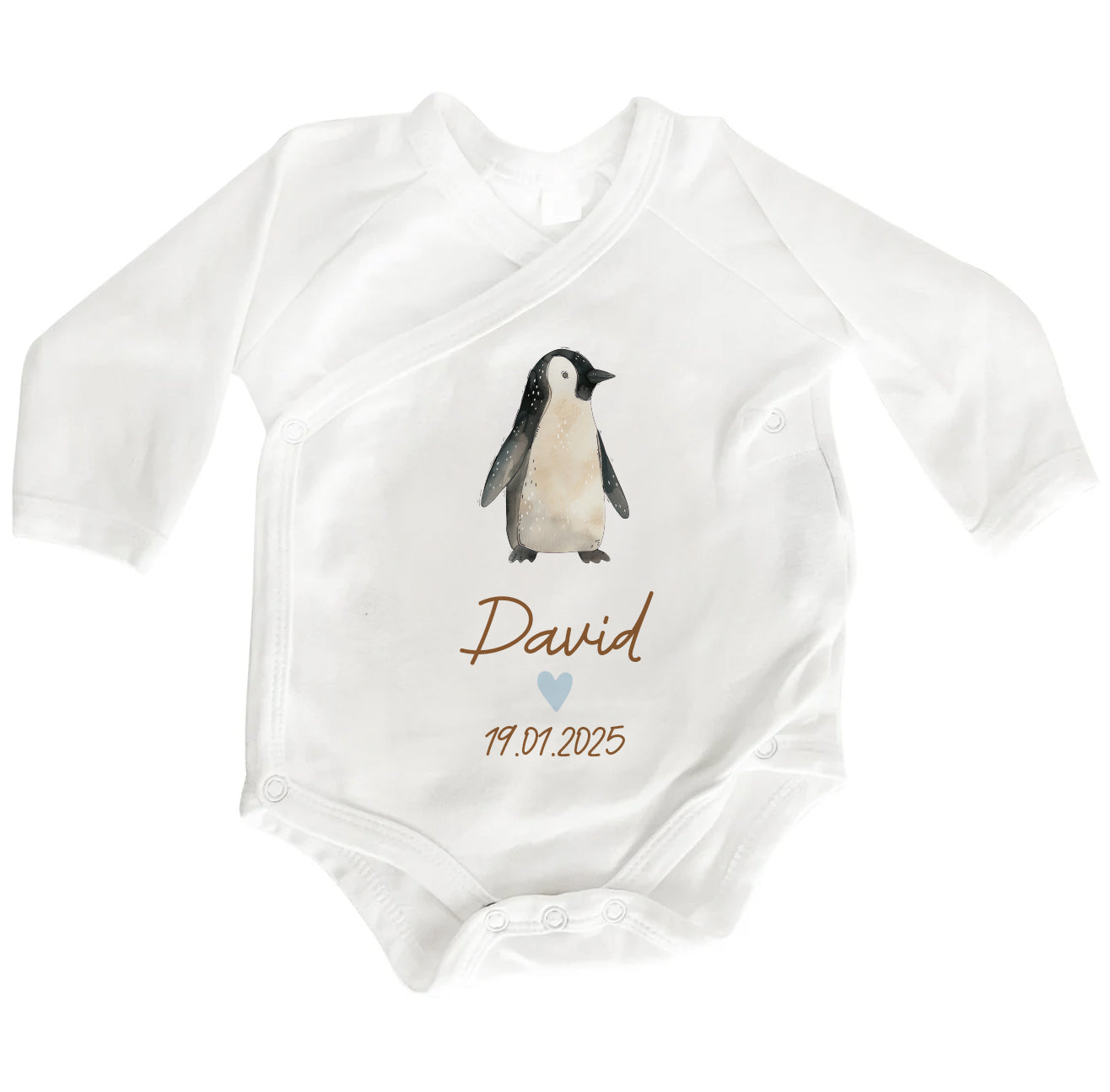 Personalisierter Baby Wickelbody aus Bio-Baumwolle | Pinguin | Name + Datum | Herz in Rosa oder Blau | Langarm Babybody | Geschenk Geburt - verschenkich.de
