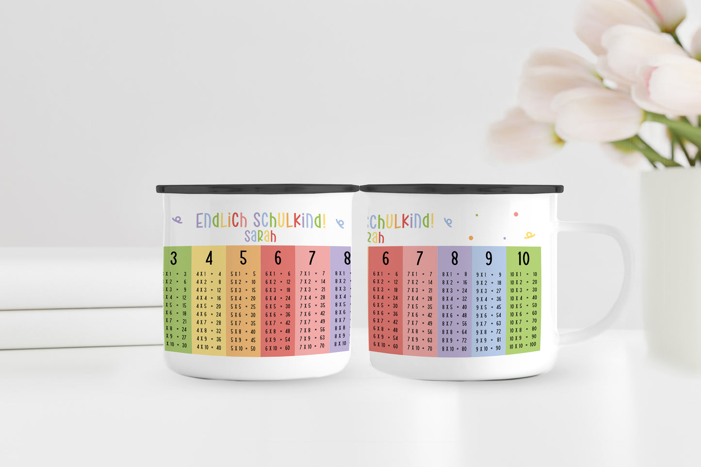 Personalisierter Emaillebecher | Endlich Schulkind 1x1 bunt | Emaille Tasse | Rand schwarz oder silber | mit Namen | Geschenk Einschulung - verschenkich.de