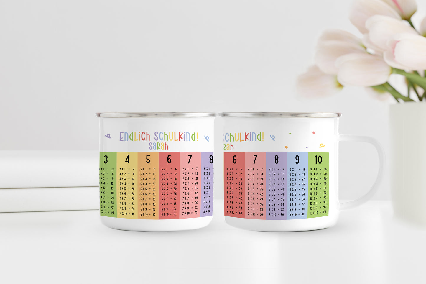 Personalisierter Emaillebecher | Endlich Schulkind 1x1 bunt | Emaille Tasse | Rand schwarz oder silber | mit Namen | Geschenk Einschulung - verschenkich.de