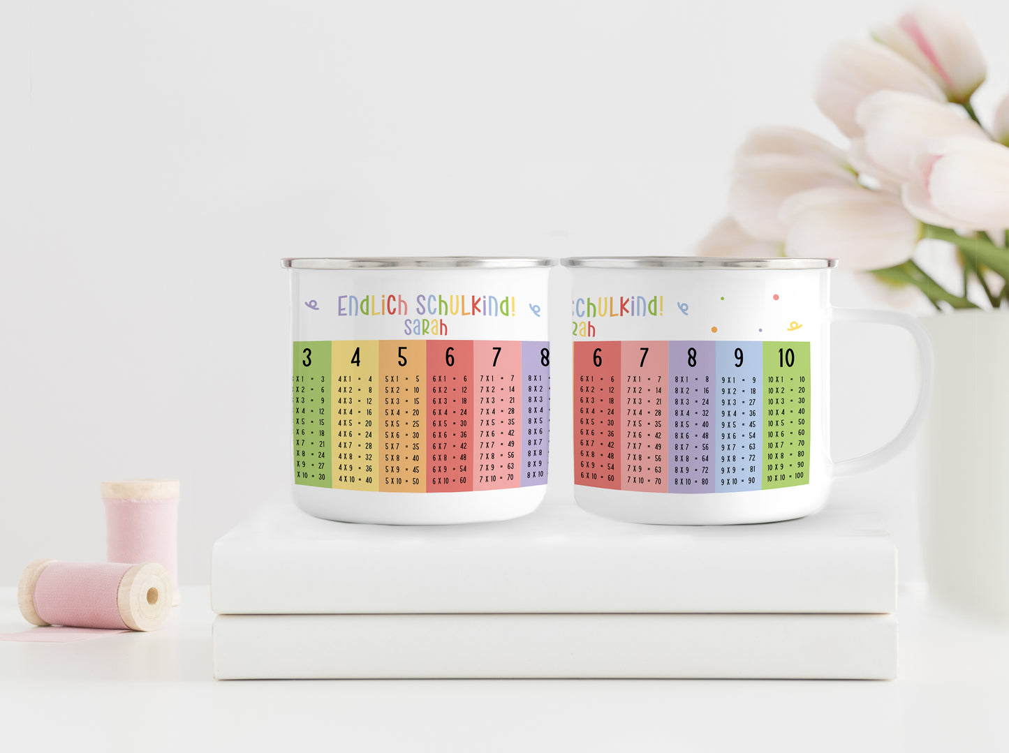 Personalisierter Emaillebecher | Endlich Schulkind 1x1 bunt | Emaille Tasse | Rand schwarz oder silber | mit Namen | Geschenk Einschulung - verschenkich.de