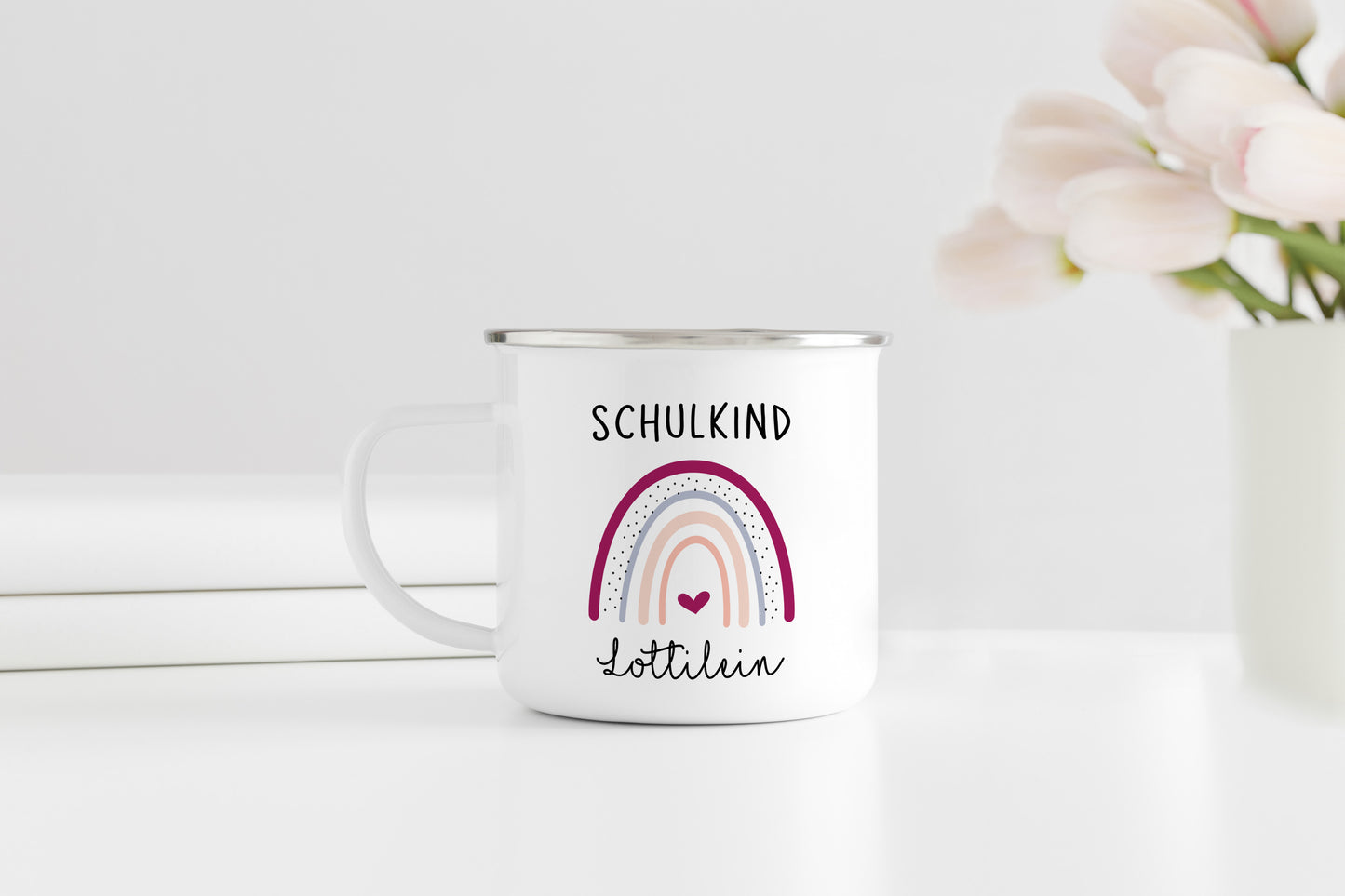 Personalisierter Emaillebecher | Schulkind Regenbogen lila | Herz | Emaille Tasse | Rand schwarz oder silber | mit Name | Einschulung - verschenkich.de
