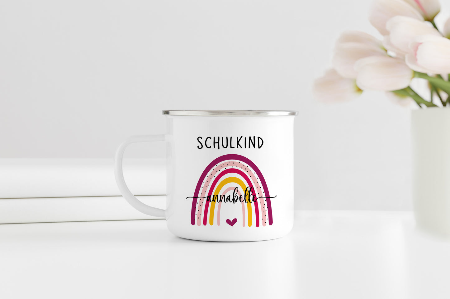 Personalisierter Emaillebecher | Schulkind Regenbogen pink- bunt | Emaille Tasse | Rand schwarz oder silber | mit Name | Einschulung - verschenkich.de