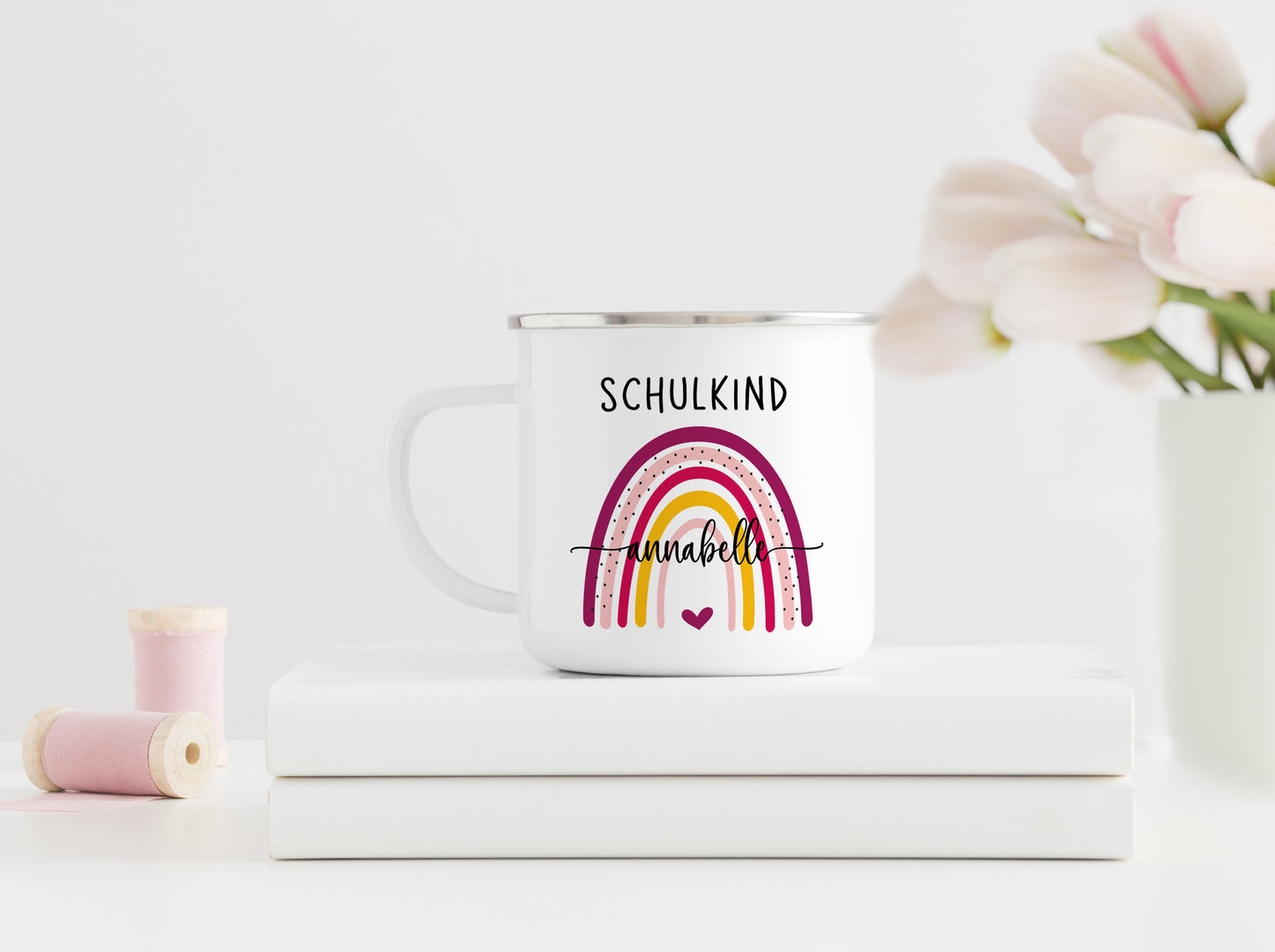 Personalisierter Emaillebecher | Schulkind Regenbogen pink- bunt | Emaille Tasse | Rand schwarz oder silber | mit Name | Einschulung - verschenkich.de