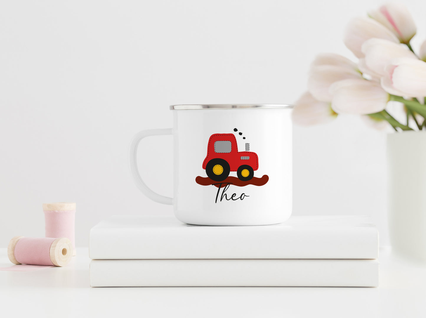 Personalisierter Emaillebecher | Traktor rot | Emaille Tasse | Rand schwarz oder silber | mit Namen | Geschenk Trecker Fans | Geburtstag - verschenkich.de