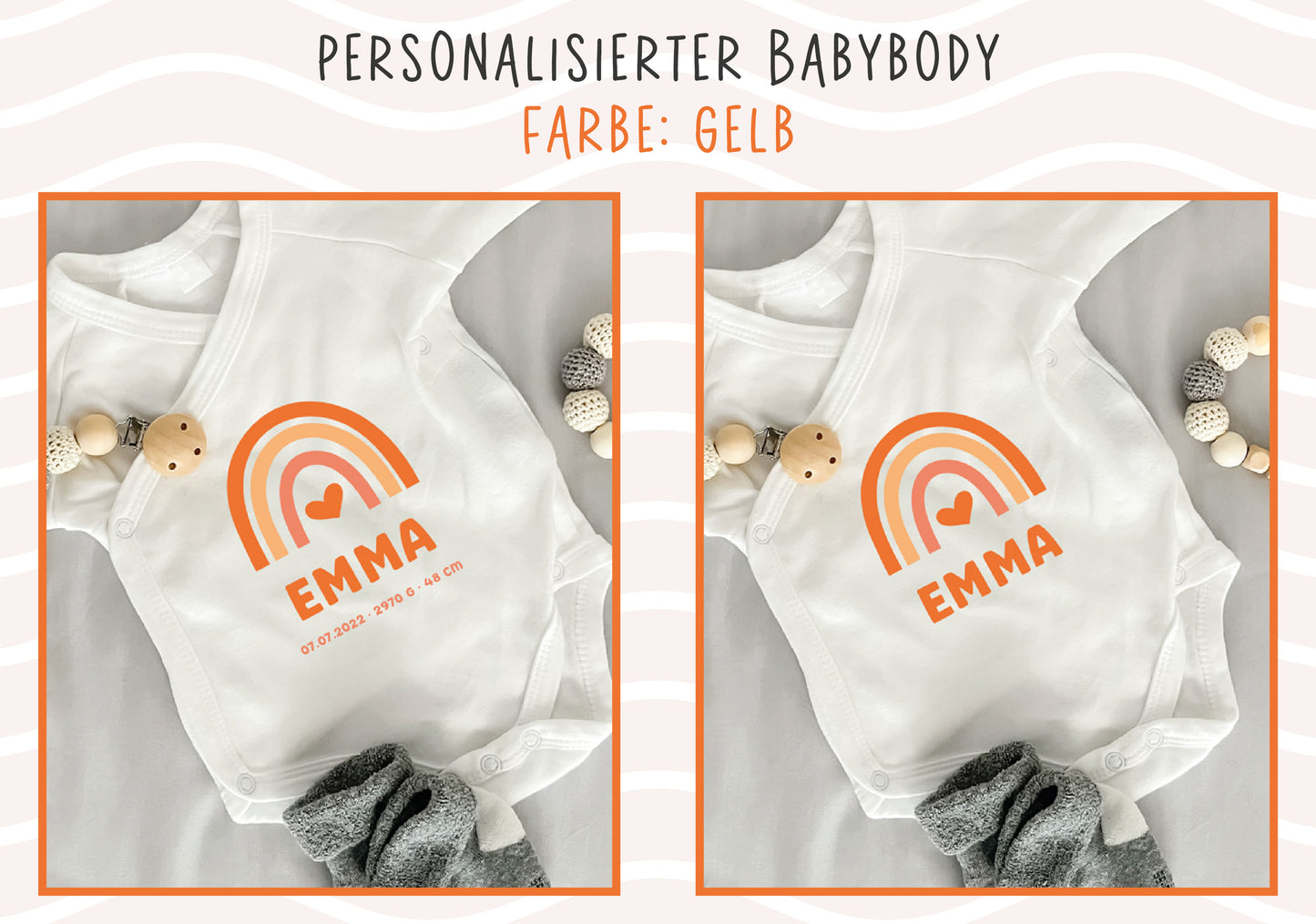 Personalisierter Premium Wickelbody | Regenbogen Gelb | Langarm Body | Bio-Baumwolle | Geschenk zur Geburt mit Wunschnamen und Geburtsdaten - verschenkich.de