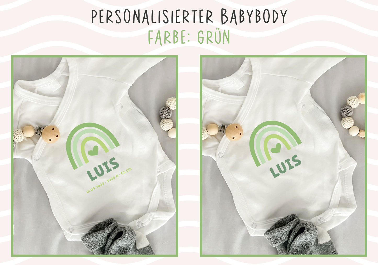 Personalisierter Premium Wickelbody | Regenbogen Grün | Langarm Body | Bio-Baumwolle | Geschenk zur Geburt mit Wunschnamen und Geburtsdaten - verschenkich.de