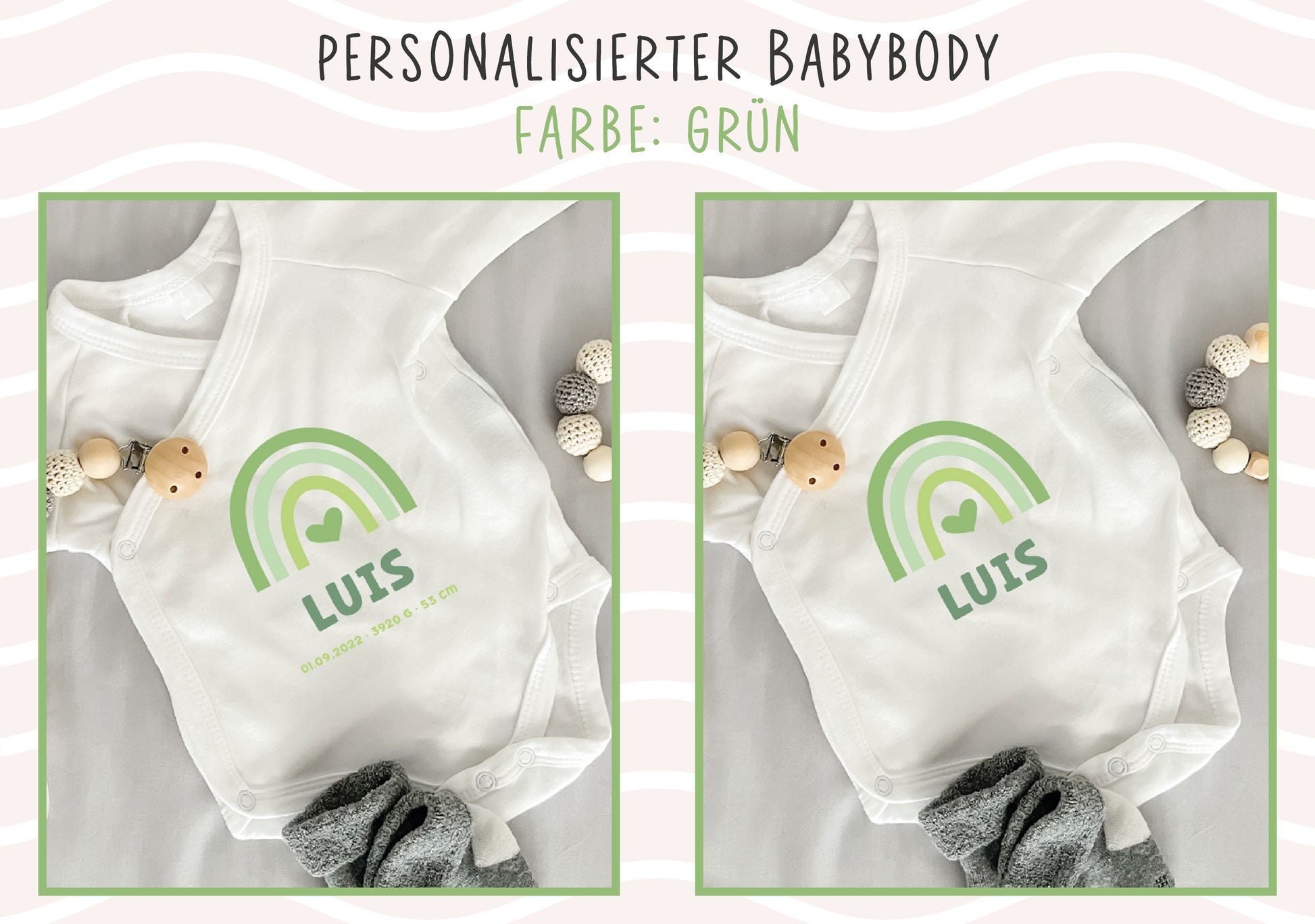 Personalisierter Premium Wickelbody | Regenbogen Grün | Langarm Body | Bio-Baumwolle | Geschenk zur Geburt mit Wunschnamen und Geburtsdaten - verschenkich.de