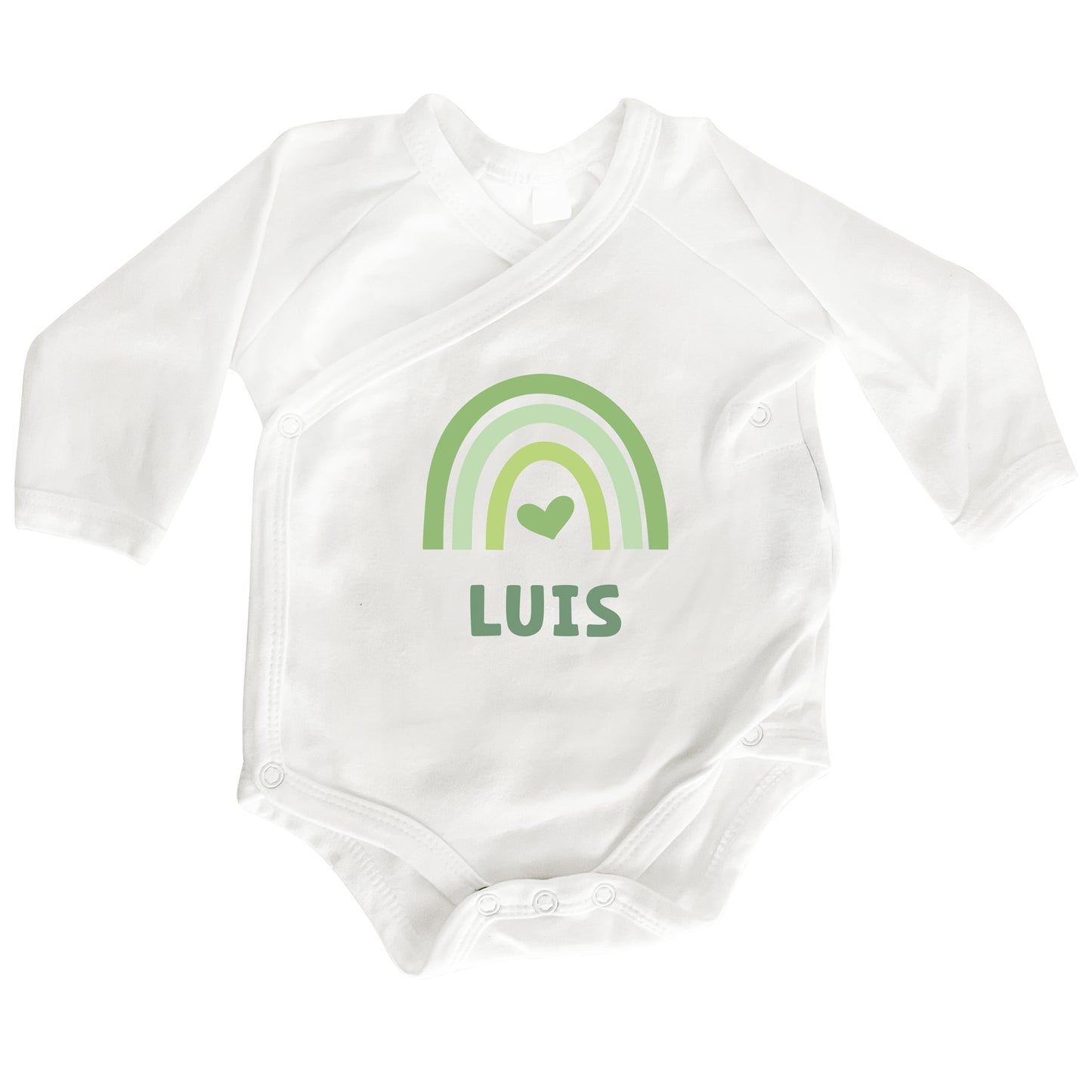 Personalisierter Premium Wickelbody | Regenbogen Grün | Langarm Body | Bio-Baumwolle | Geschenk zur Geburt mit Wunschnamen und Geburtsdaten - verschenkich.de