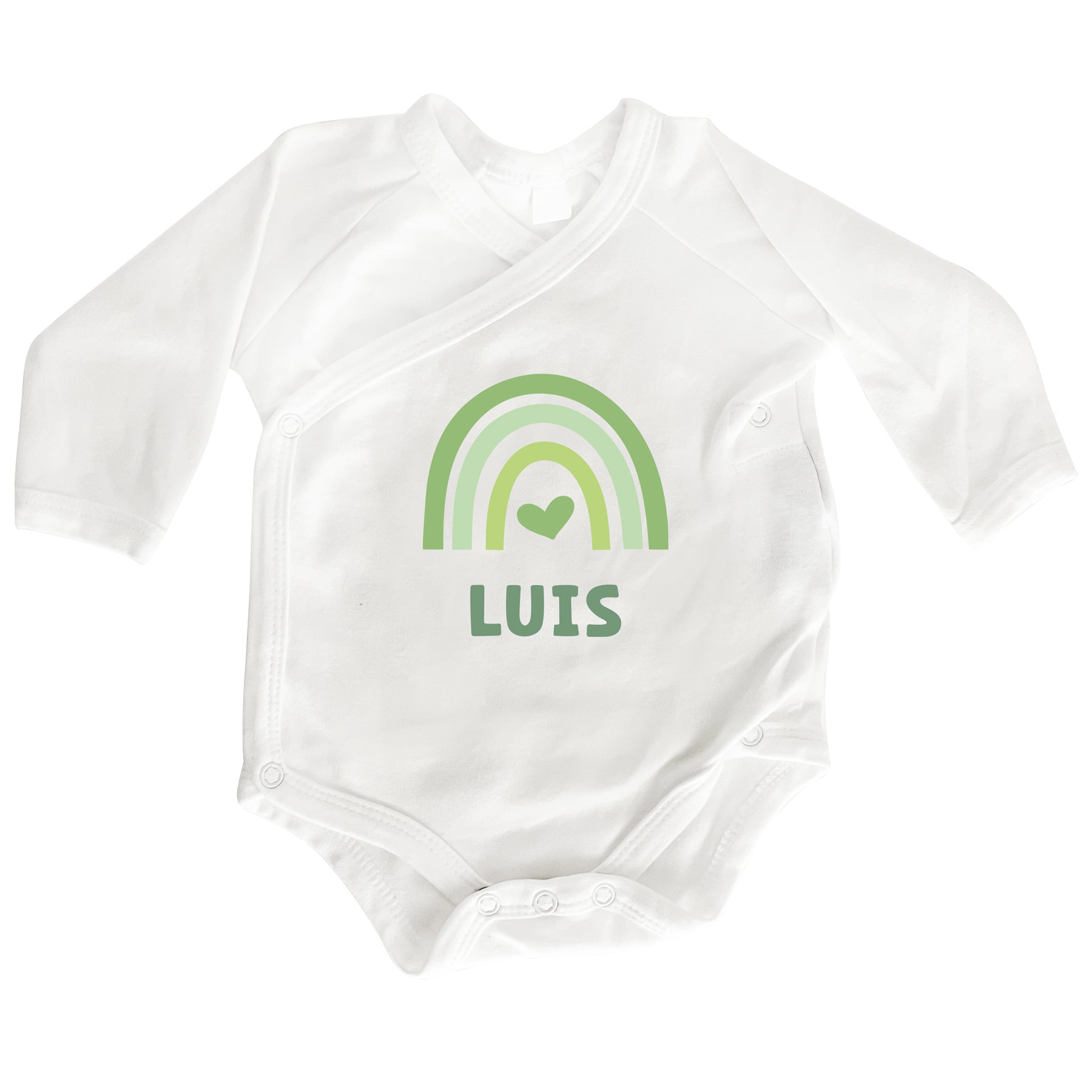 Personalisierter Premium Wickelbody | Regenbogen Grün | Langarm Body | Bio-Baumwolle | Geschenk zur Geburt mit Wunschnamen und Geburtsdaten - verschenkich.de