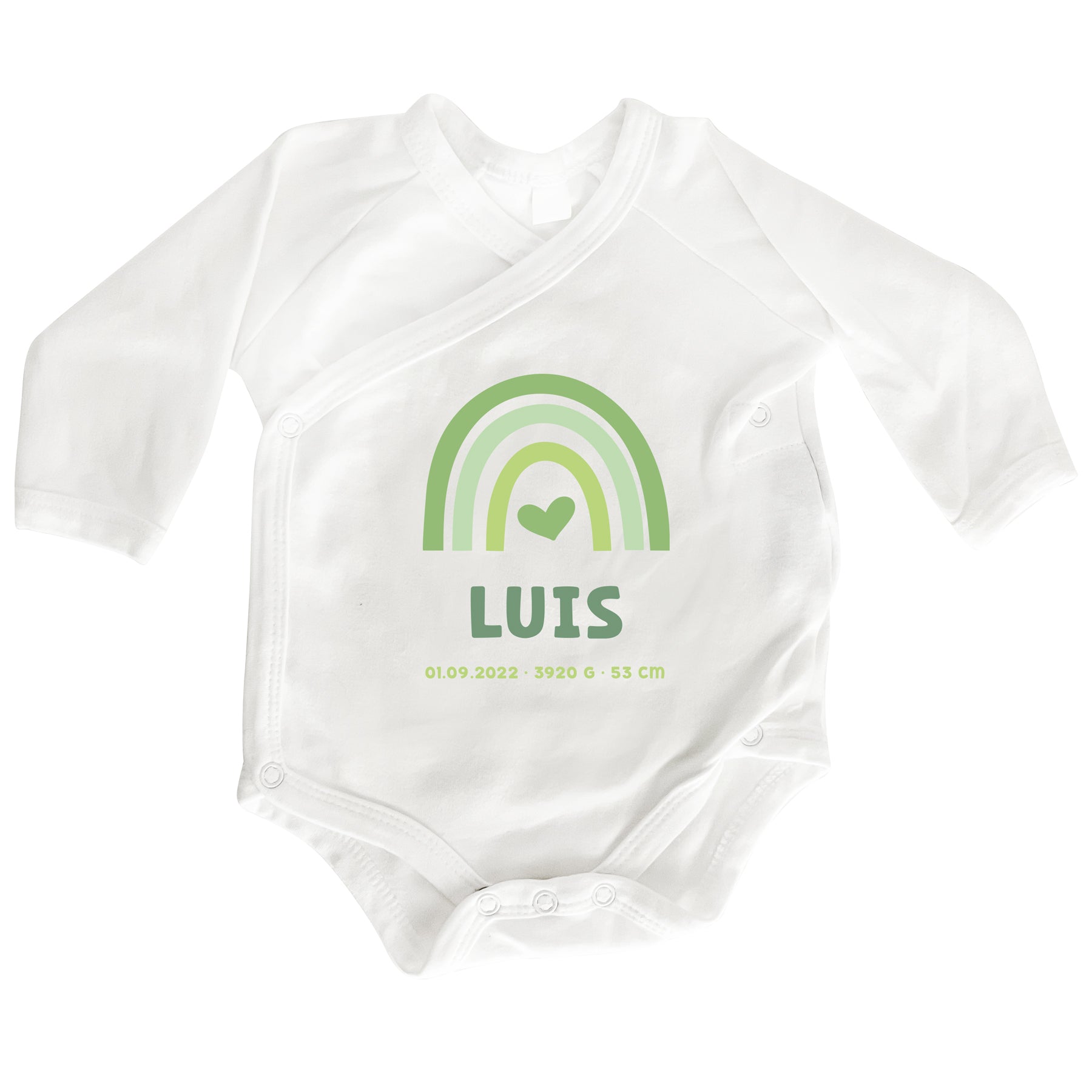 Personalisierter Premium Wickelbody | Regenbogen Grün | Langarm Body | Bio-Baumwolle | Geschenk zur Geburt mit Wunschnamen und Geburtsdaten - verschenkich.de
