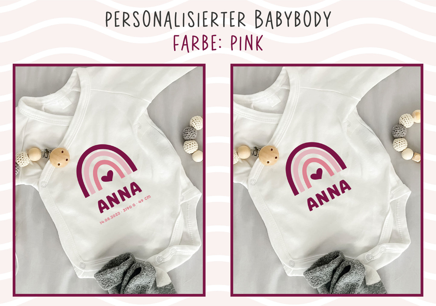Personalisierter Premium Wickelbody | Regenbogen Pink | Langarm Body | Bio-Baumwolle | Geschenk zur Geburt mit Wunschnamen und Geburtsdaten - verschenkich.de