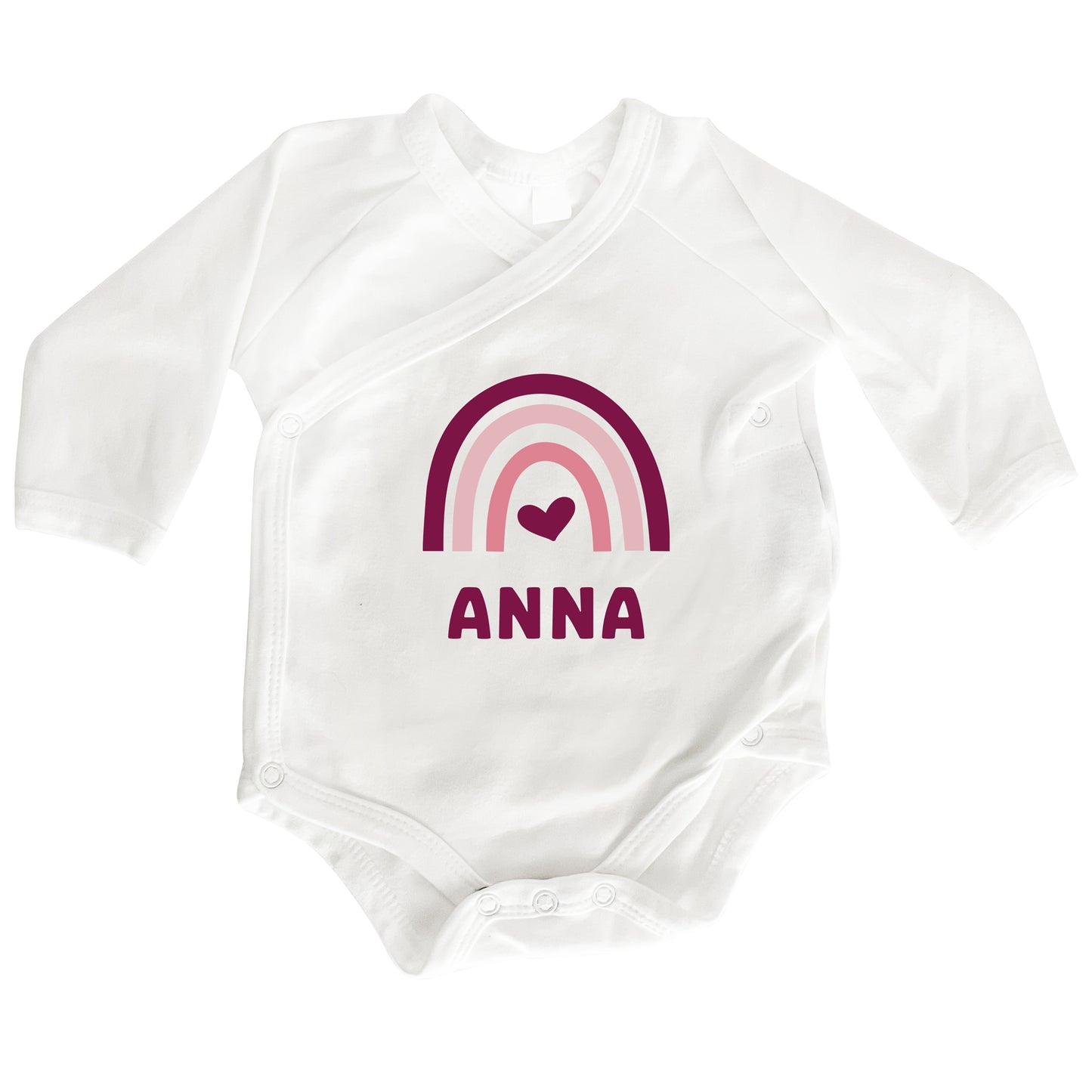 Personalisierter Premium Wickelbody | Regenbogen Pink | Langarm Body | Bio-Baumwolle | Geschenk zur Geburt mit Wunschnamen und Geburtsdaten - verschenkich.de