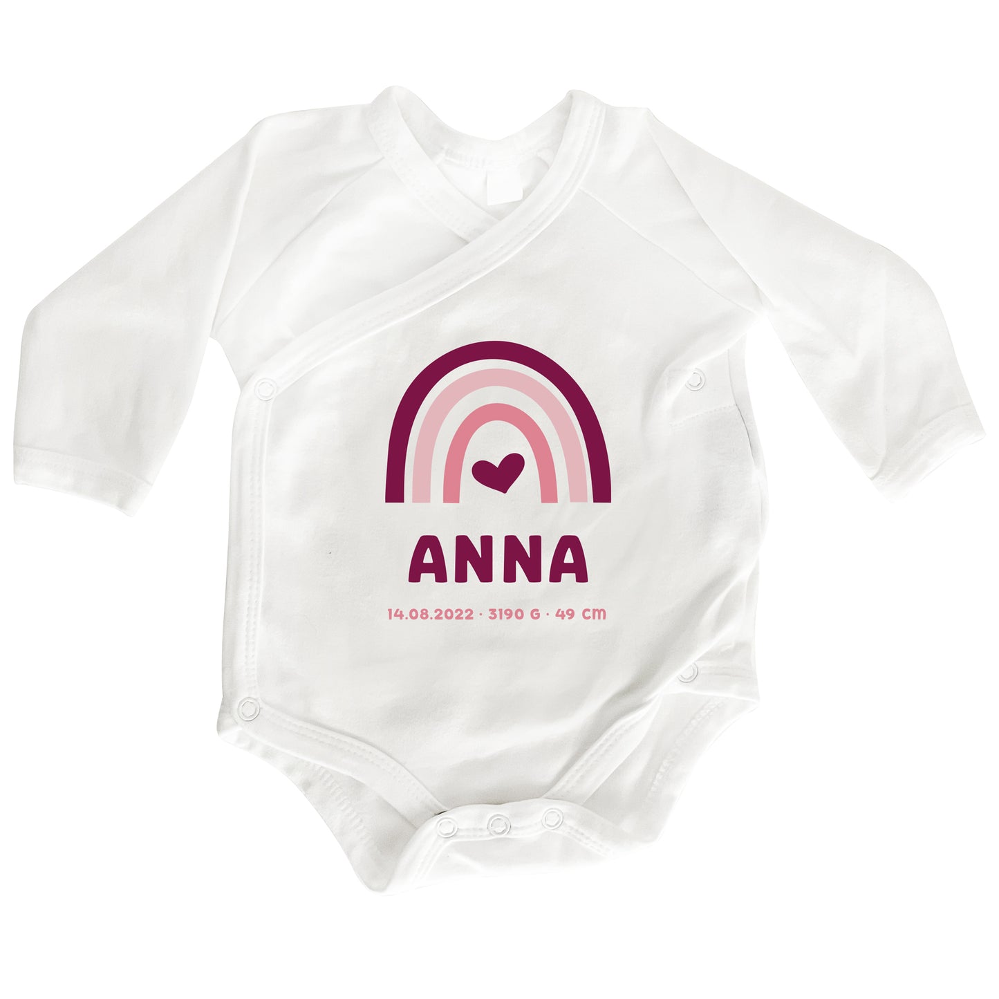 Personalisierter Premium Wickelbody | Regenbogen Pink | Langarm Body | Bio-Baumwolle | Geschenk zur Geburt mit Wunschnamen und Geburtsdaten - verschenkich.de