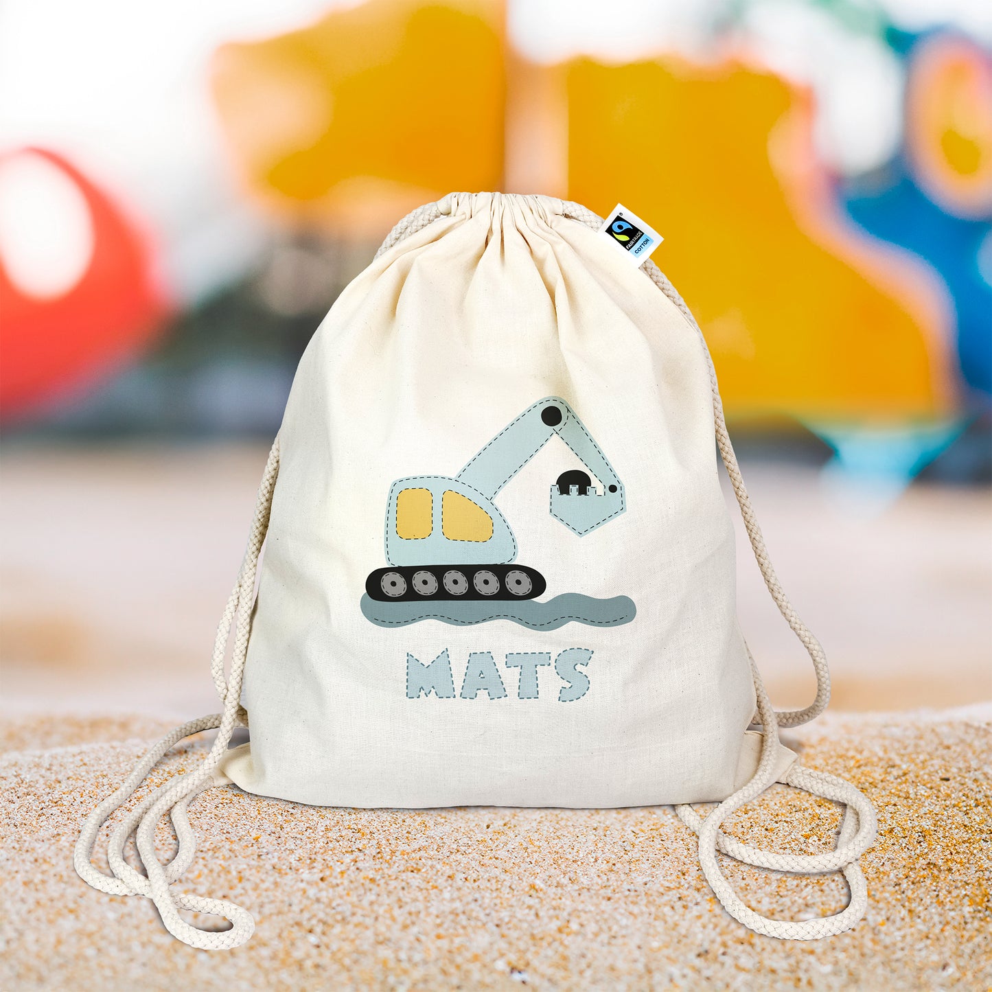 Personalisierter Turnbeutel aus Bio- Baumwolle | mit Wunschnamen | Bagger blau | Rucksack für Schule und Kindergarten - verschenkich.de