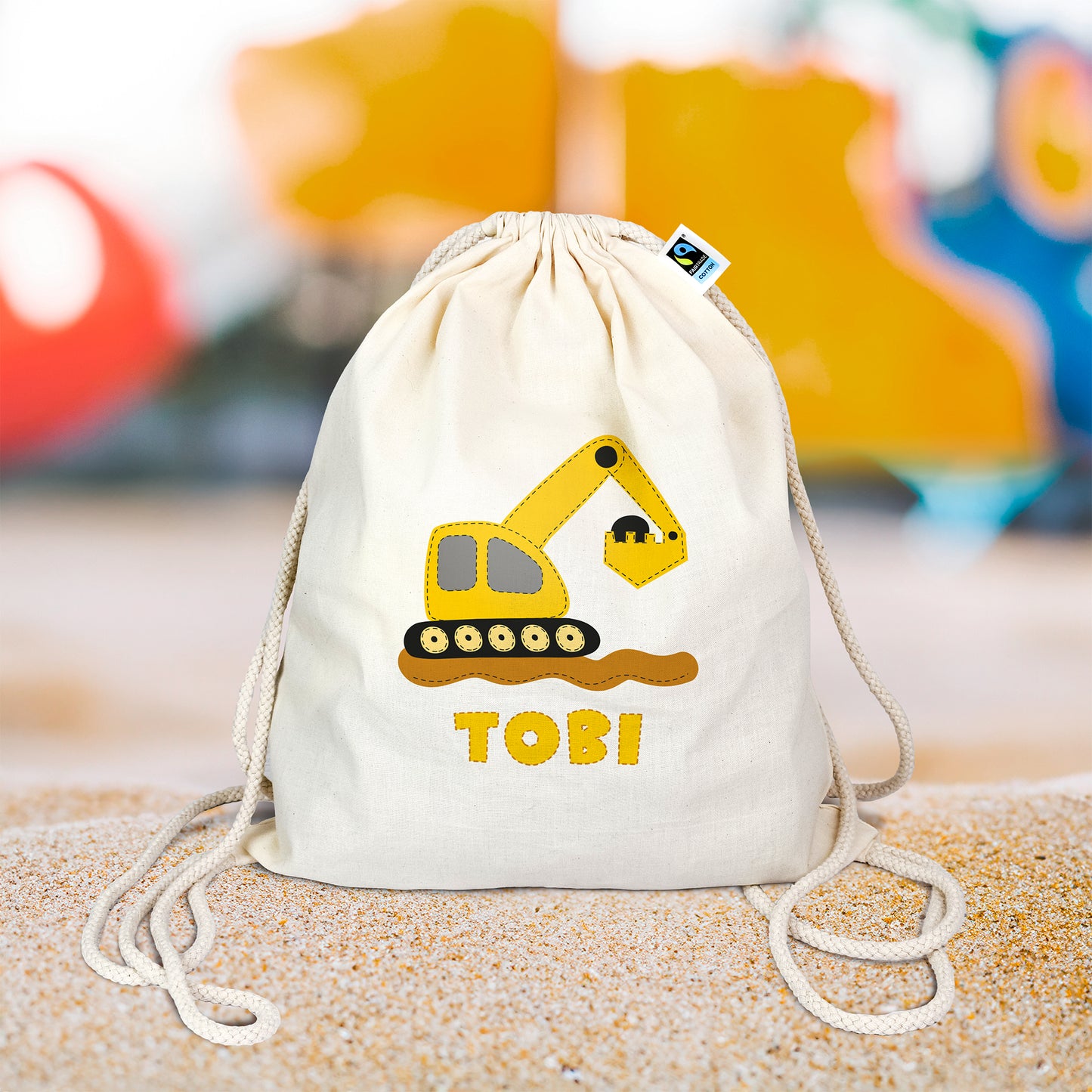 Personalisierter Turnbeutel aus Bio- Baumwolle | mit Wunschnamen | Bagger gelb | Rucksack für Schule und Kindergarten - verschenkich.de