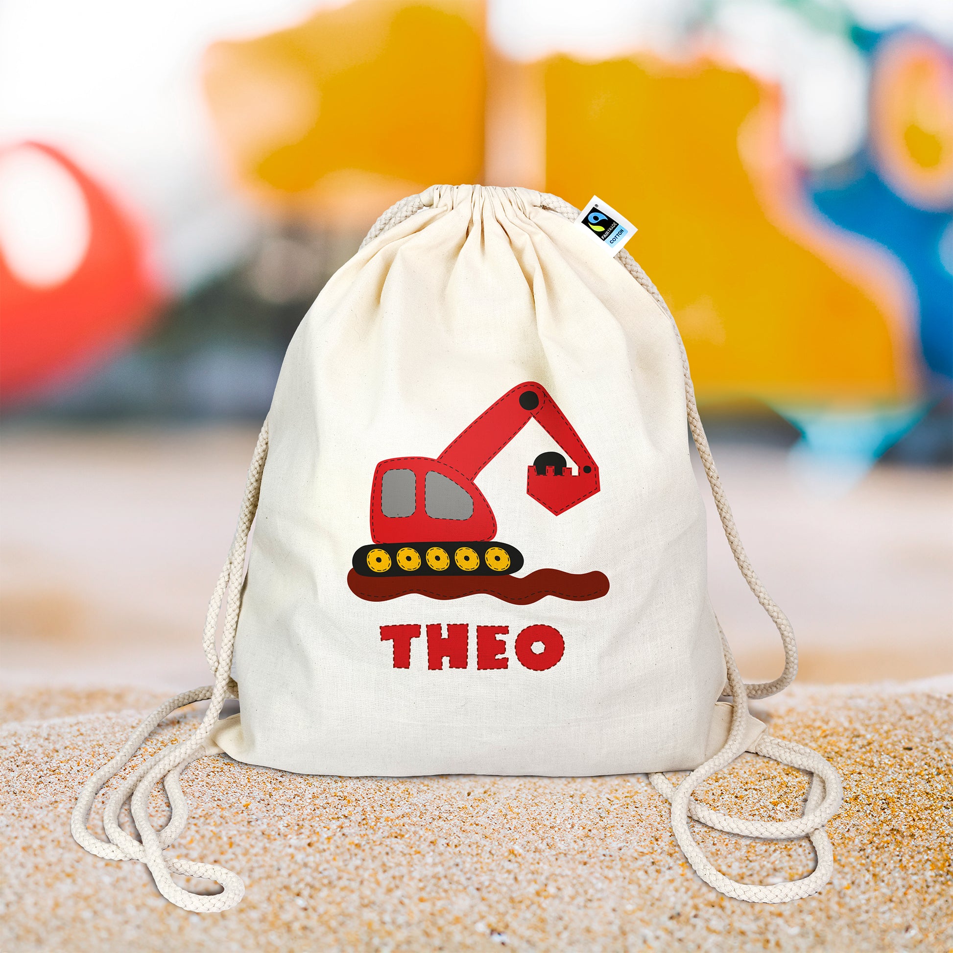 Personalisierter Turnbeutel aus Bio- Baumwolle | mit Wunschnamen | Bagger rot | Rucksack für Schule und Kindergarten - verschenkich.de