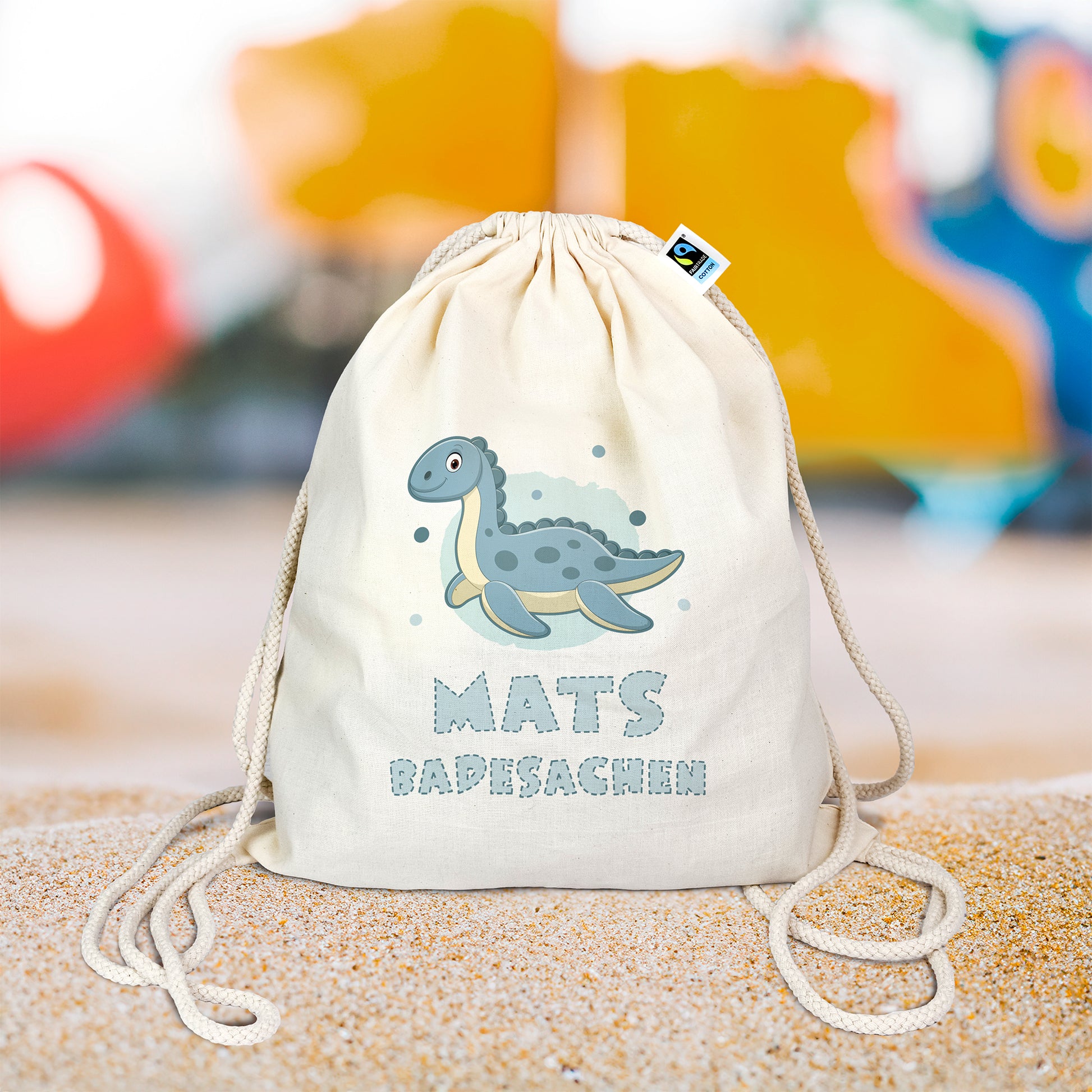 Personalisierter Turnbeutel aus Bio- Baumwolle | mit Wunschnamen | Dino 2 Plesiosaurus blau | fuer Schule und Kindergarten - verschenkich.de