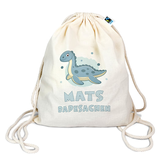 Personalisierter Turnbeutel aus Bio- Baumwolle | mit Wunschnamen | Dino 2 Plesiosaurus blau | fuer Schule und Kindergarten - verschenkich.de