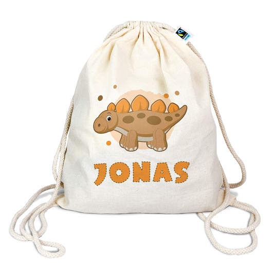 Personalisierter Turnbeutel aus Bio- Baumwolle | mit Wunschnamen | Dino 3 Stegosaurus orange | für Schule und Kindergarten - verschenkich.de