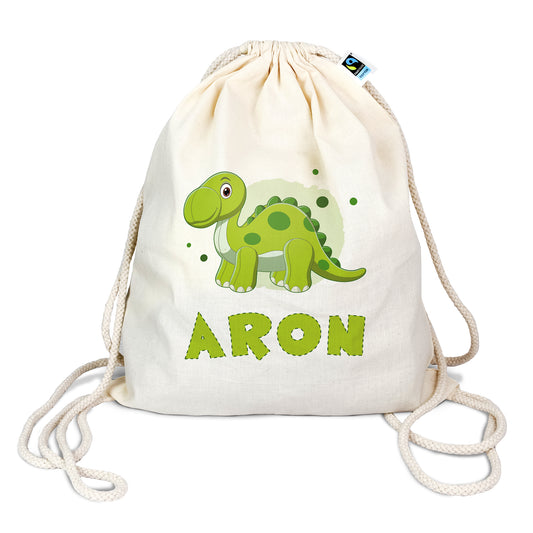 Personalisierter Turnbeutel aus Bio- Baumwolle | mit Wunschnamen | Dino 4 Brachiosaurus hellgrün | für Schule und Kindergarten - verschenkich.de