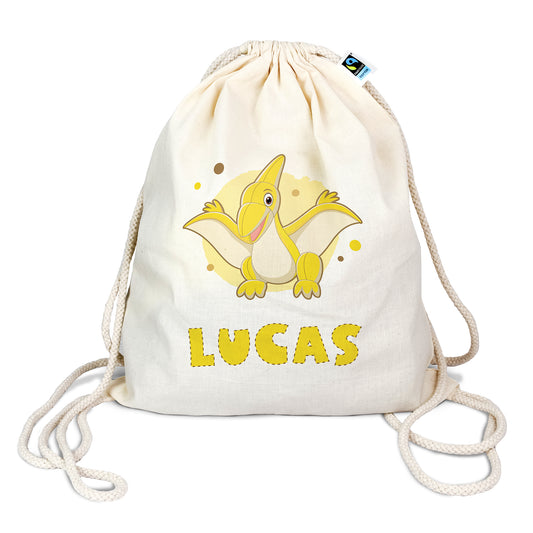 Personalisierter Turnbeutel aus Bio- Baumwolle | mit Wunschnamen | Dino 5 Pteranodon gelb | für Schule und Kindergarten - verschenkich.de