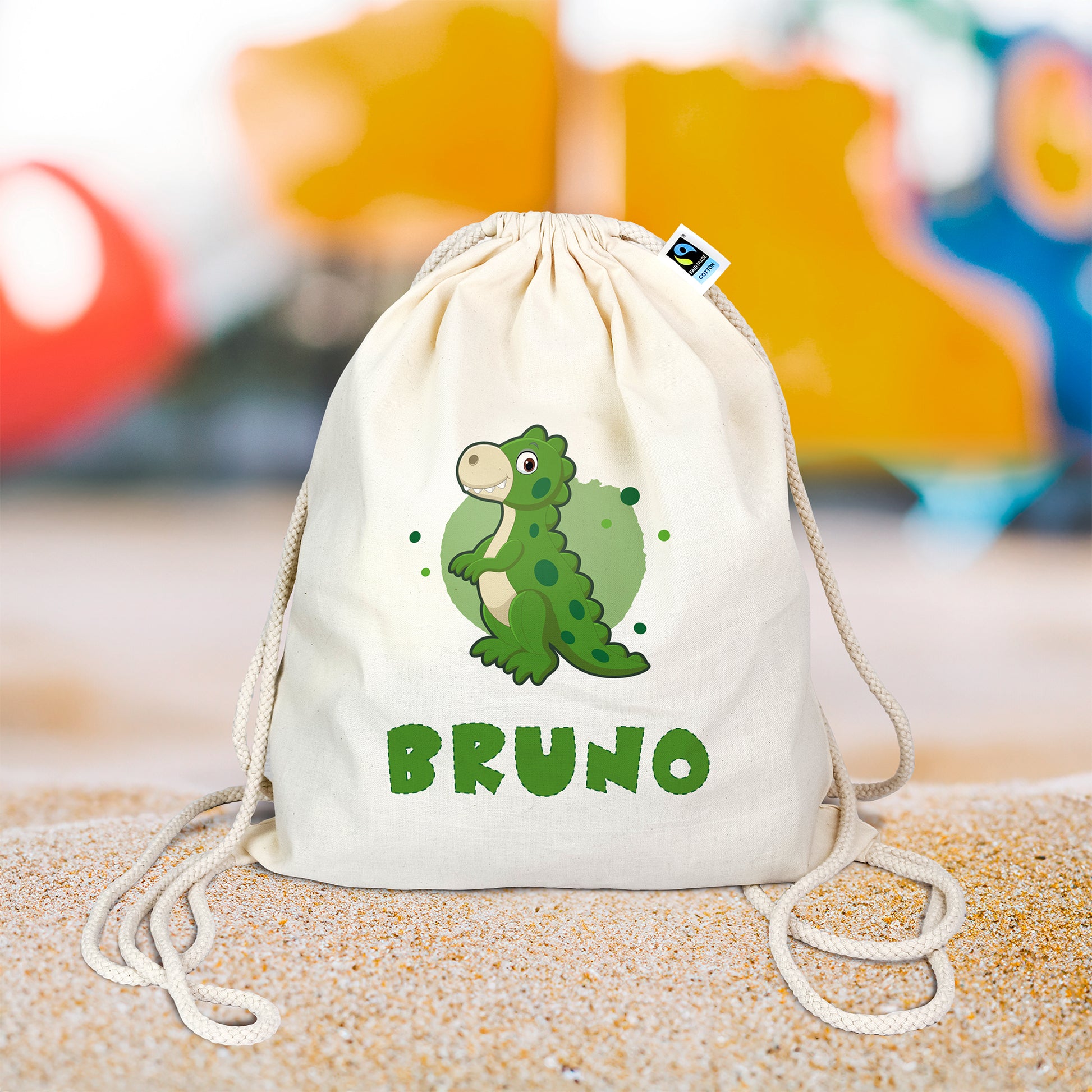 Personalisierter Turnbeutel aus Bio- Baumwolle | mit Wunschnamen | Dino 6 Rex grün | für Schule und Kindergarten - verschenkich.de