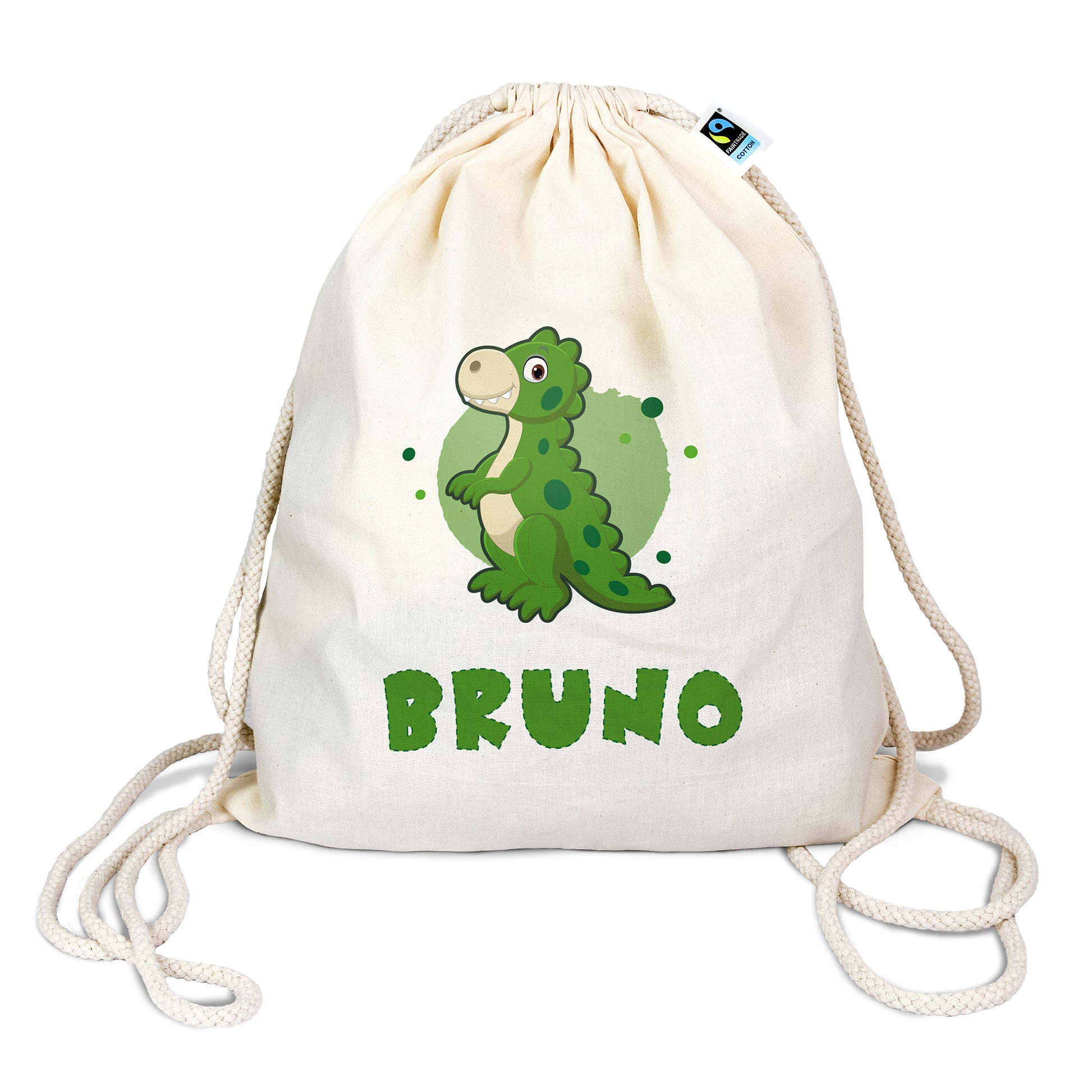 Personalisierter Turnbeutel aus Bio- Baumwolle | mit Wunschnamen | Dino 6 Rex grün | für Schule und Kindergarten - verschenkich.de