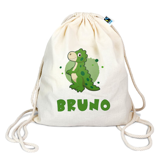 Personalisierter Turnbeutel aus Bio- Baumwolle | mit Wunschnamen | Dino 6 Rex grün | für Schule und Kindergarten - verschenkich.de