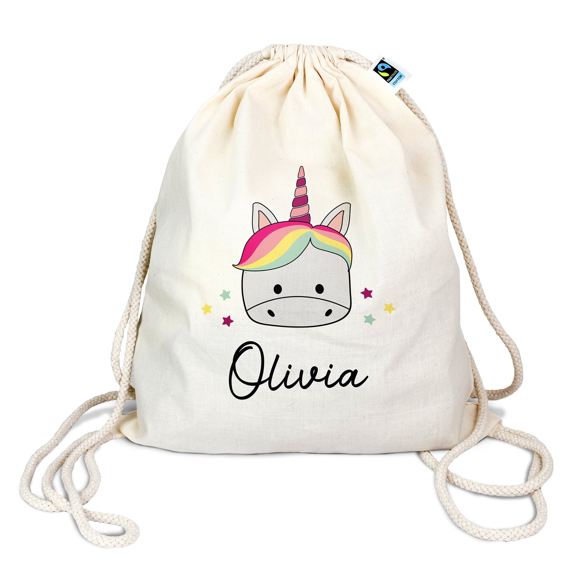 Personalisierter Turnbeutel aus Bio- Baumwolle | mit Wunschnamen | Einhorn | fuer Schule und Kindergarten - verschenkich.de