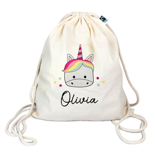 Personalisierter Turnbeutel aus Bio- Baumwolle | mit Wunschnamen | Einhorn | fuer Schule und Kindergarten - verschenkich.de