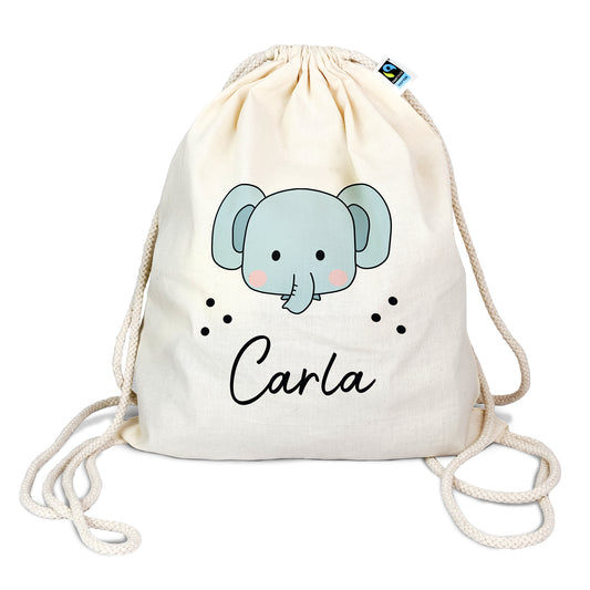 Personalisierter Turnbeutel aus Bio- Baumwolle | mit Wunschnamen | Elefant | fuer Schule und Kindergarten - verschenkich.de