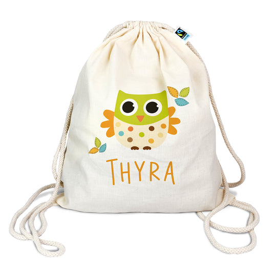 Personalisierter Turnbeutel aus Bio- Baumwolle | mit Wunschnamen | Eule Blätter | fuer Schule und Kindergarten - verschenkich.de