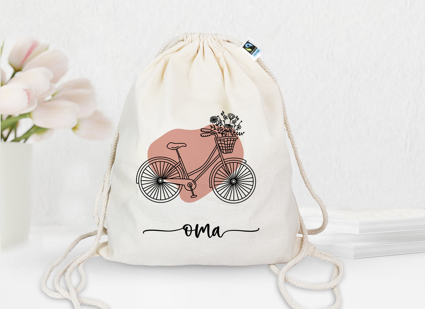 Personalisierter Turnbeutel aus Bio- Baumwolle | mit Wunschnamen | Fahrrad Bubble rosa | Rucksack für Sport und Einkauf - verschenkich.de