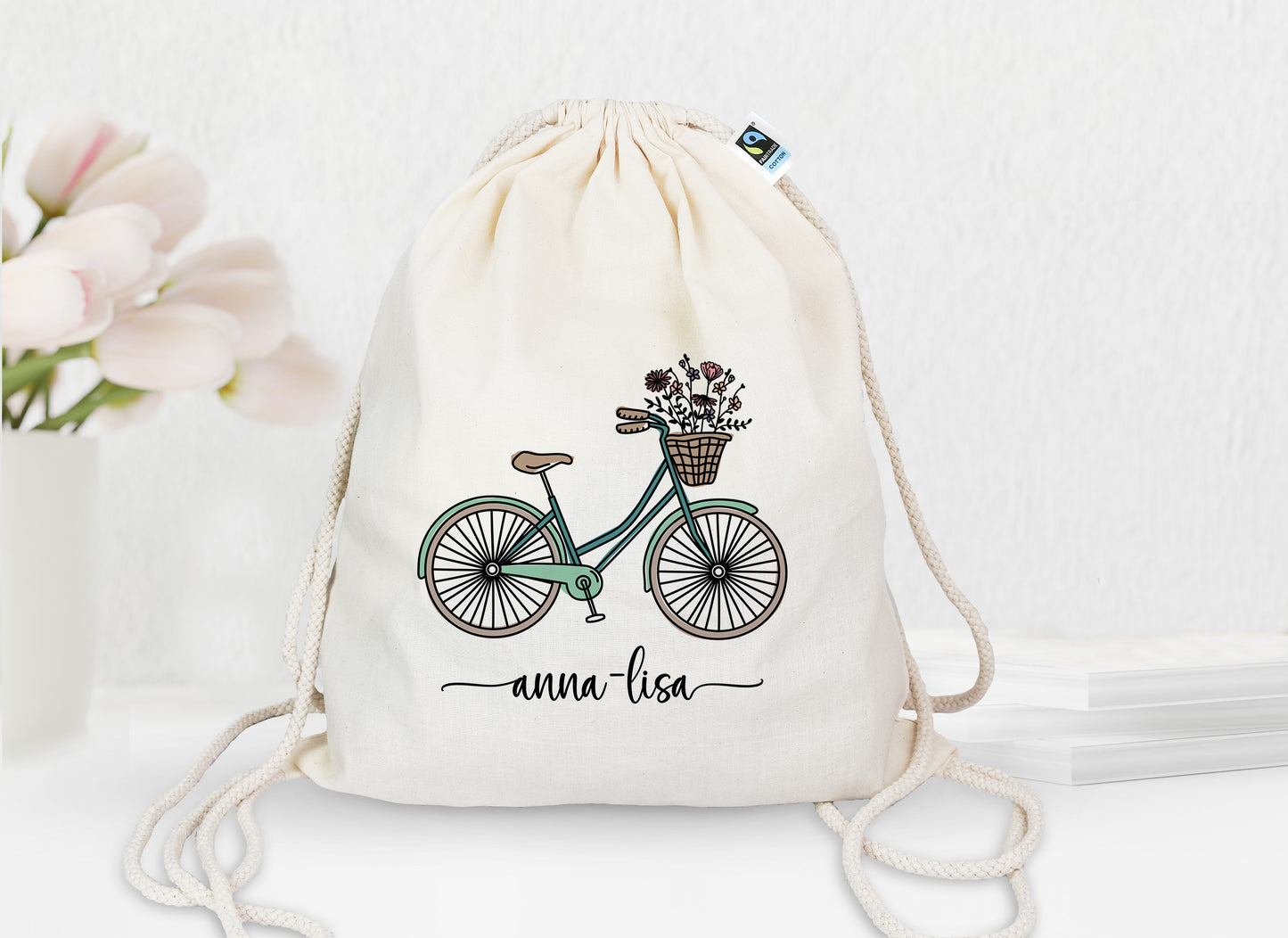 Personalisierter Turnbeutel aus Bio- Baumwolle | mit Wunschnamen | Fahrrad mint | Rucksack für Sport und Einkauf - verschenkich.de