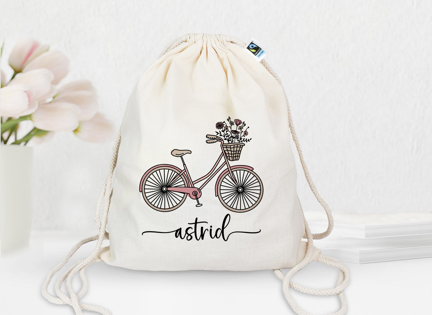 Personalisierter Turnbeutel aus Bio- Baumwolle | mit Wunschnamen | Fahrrad rosa | Rucksack für Sport und Einkauf - verschenkich.de